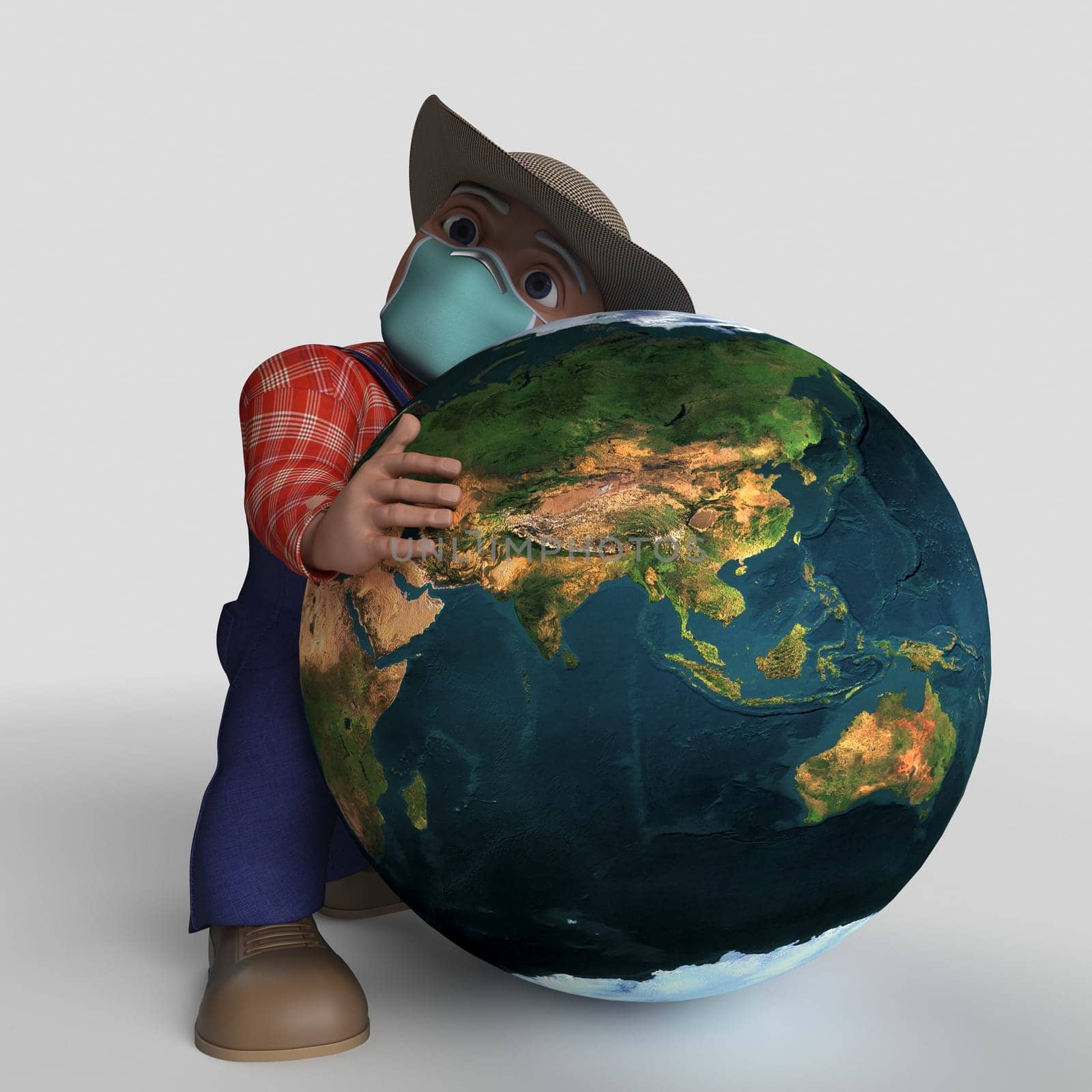 3D Render of Cartoon Farmer Character Map Source https://visibleearth.nasa.gov/collection/1484/blue-marble