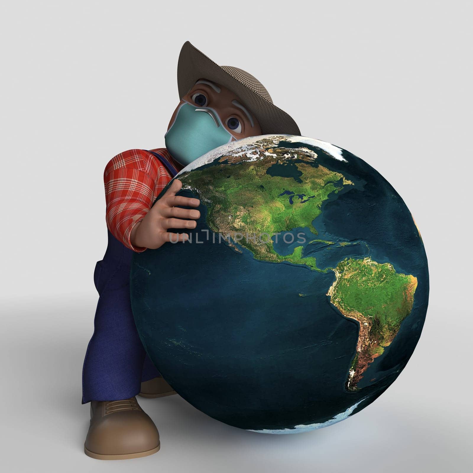 3D Render of Cartoon Farmer Character Map Source https://visibleearth.nasa.gov/collection/1484/blue-marble