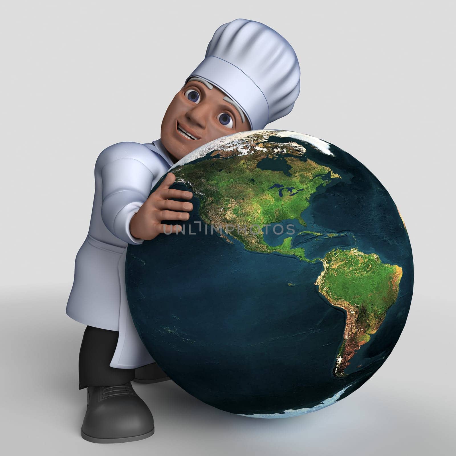 3D Render of Cartoon Baker Character  Map Source https://visibleearth.nasa.gov/collection/1484/blue-marble