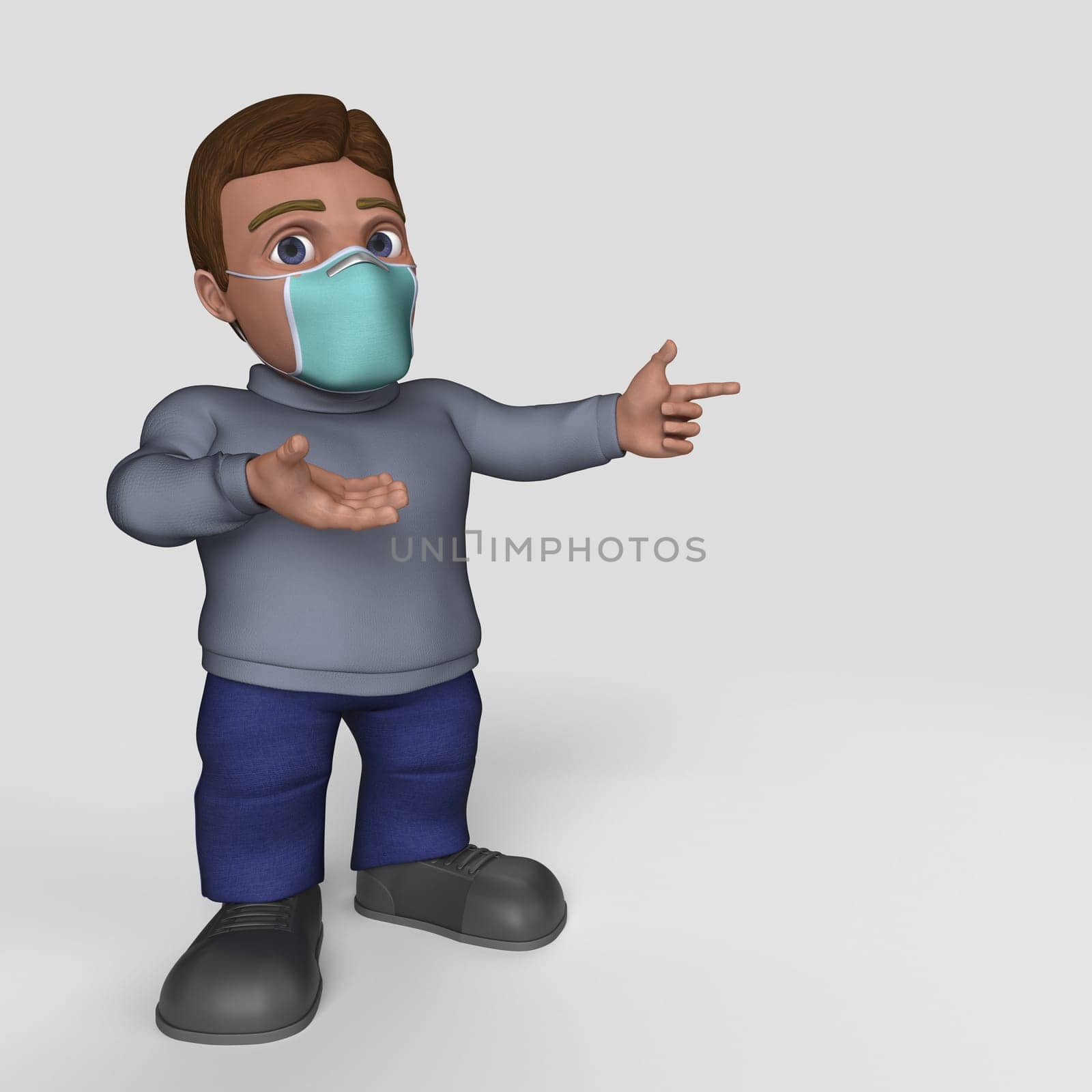 3D Render of Cartoon Casual Character in face mask