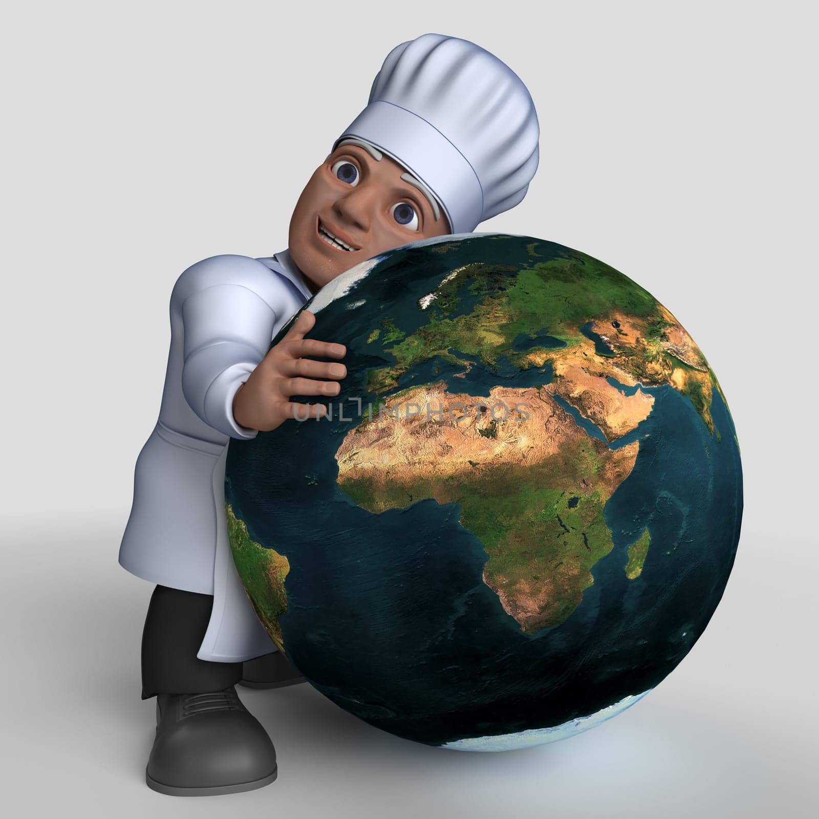 3D Render of Cartoon Baker Character  Map Source https://visibleearth.nasa.gov/collection/1484/blue-marble