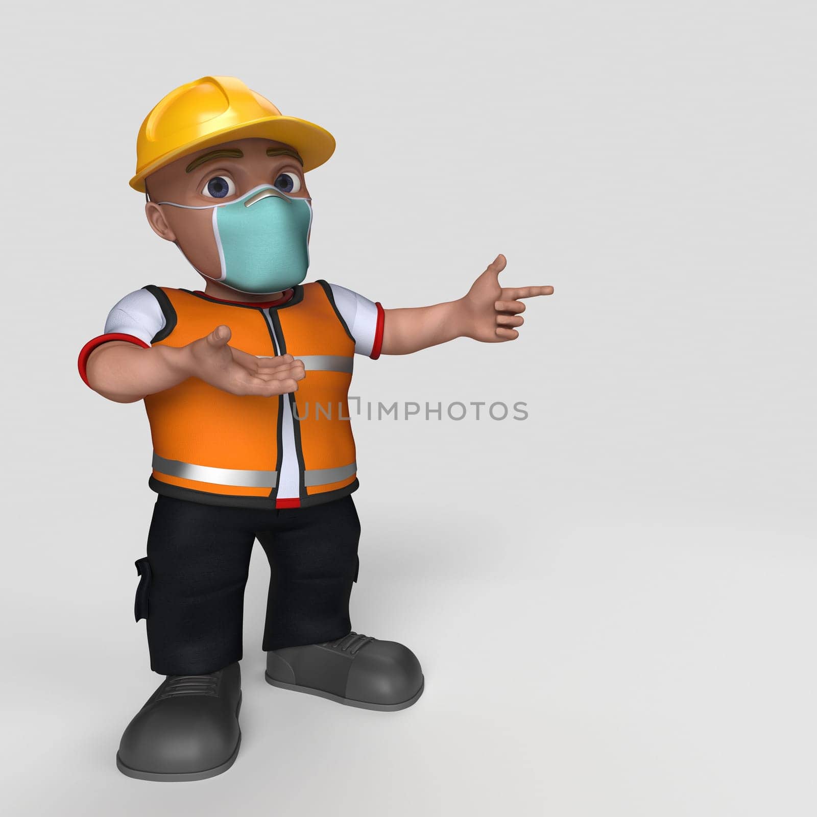 3D Render of Cartoon Builder Character in face mask