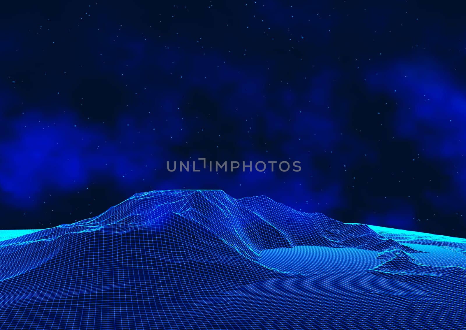 Abstract techno background with wireframe landscape against a space sky