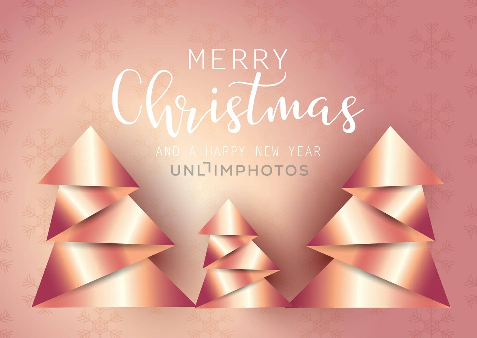 Abstract origami style Christmas trees on a snowflake background