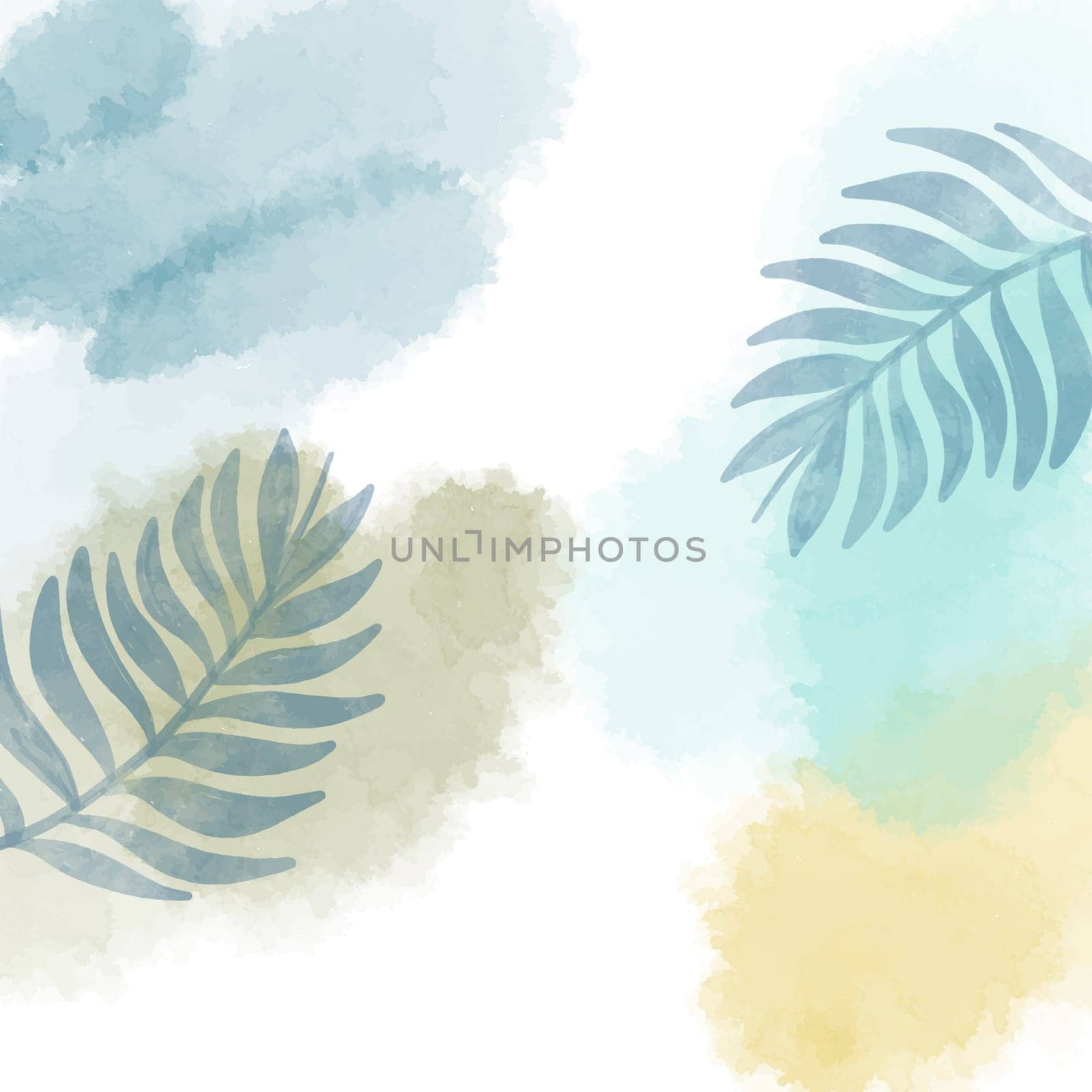 Abstract hand painted watercolour background with leaf elements