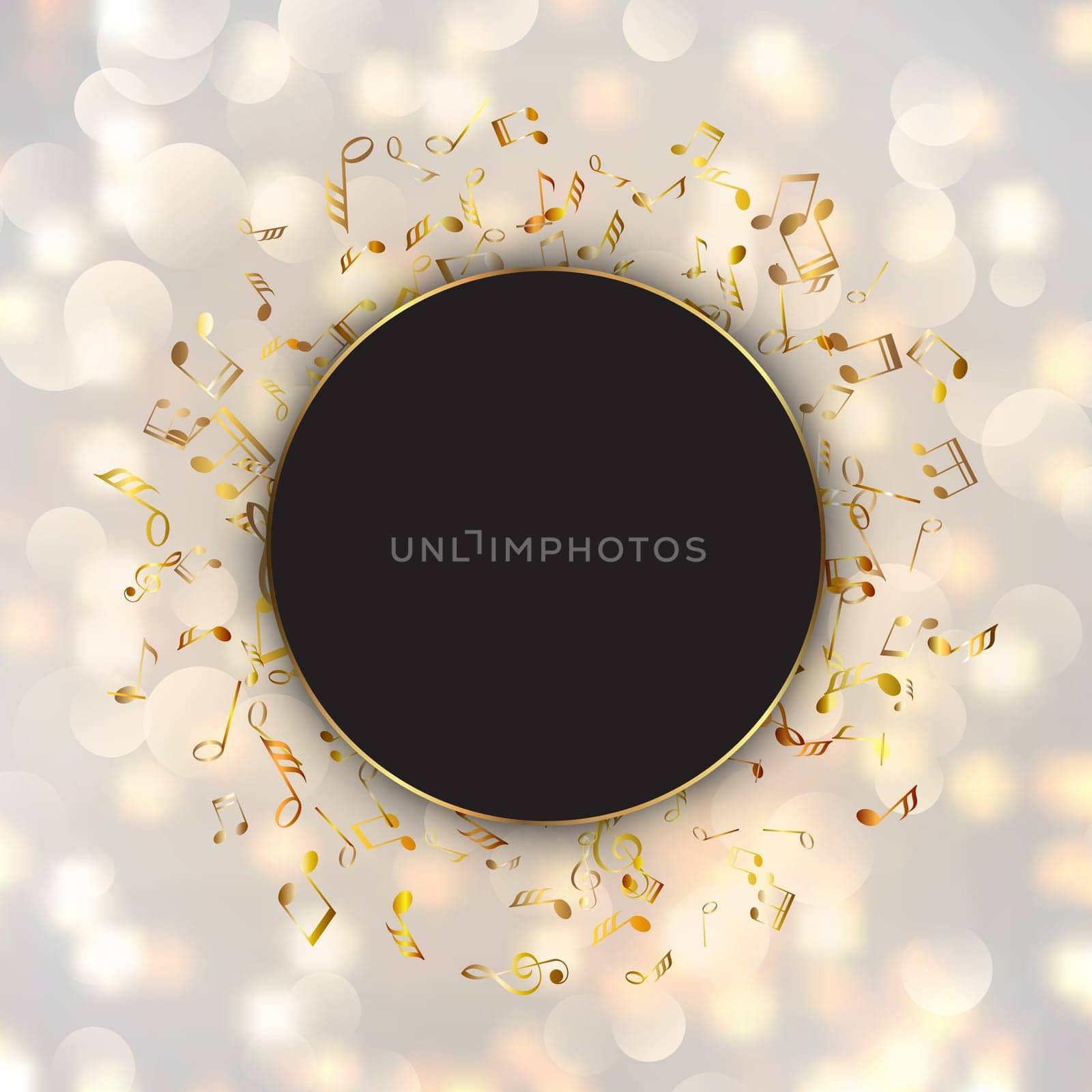 Metallic music notes on a bokeh lights background