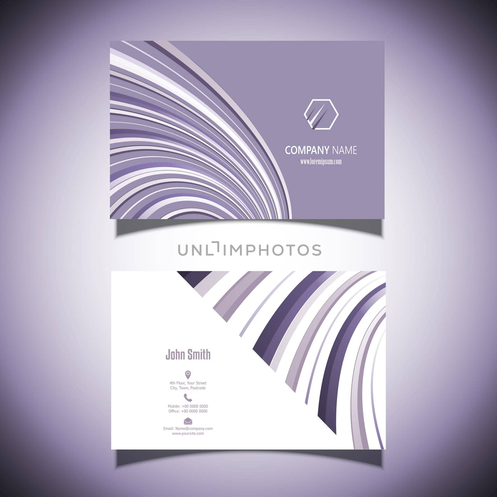 Business card with a purple striped design