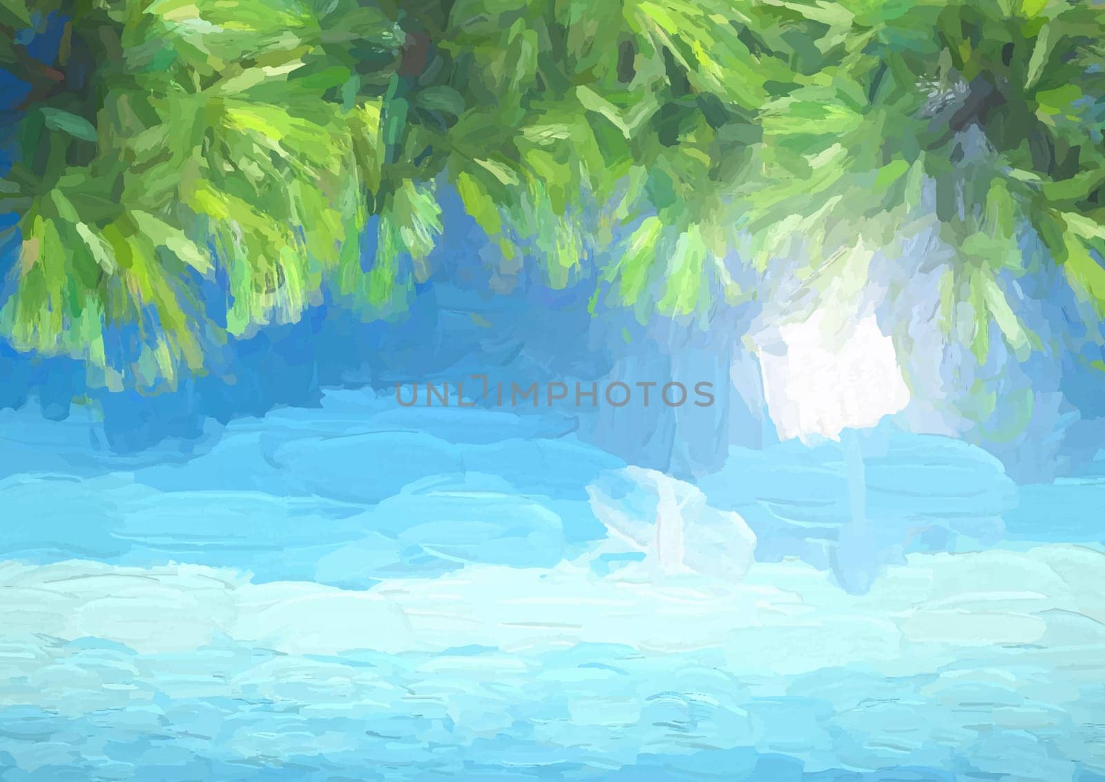Painted background of palm tree leaves against a blue sky and ocean