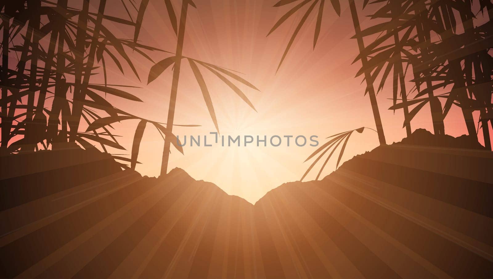 Silhouette of bamboo against a sunset sky