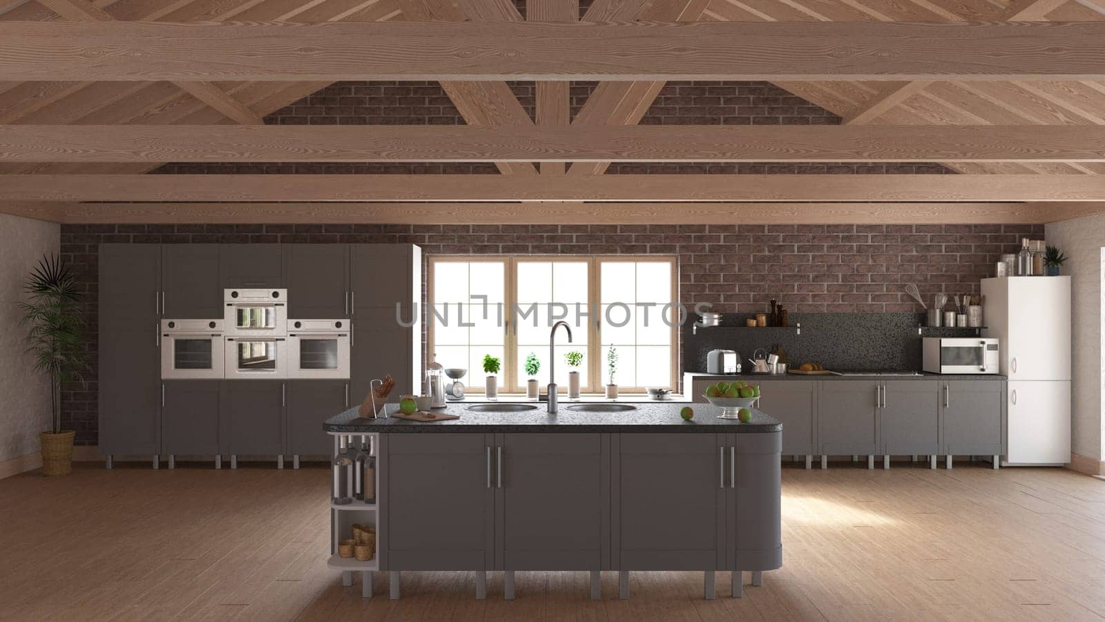 3D render of a contemporary kitchen interior