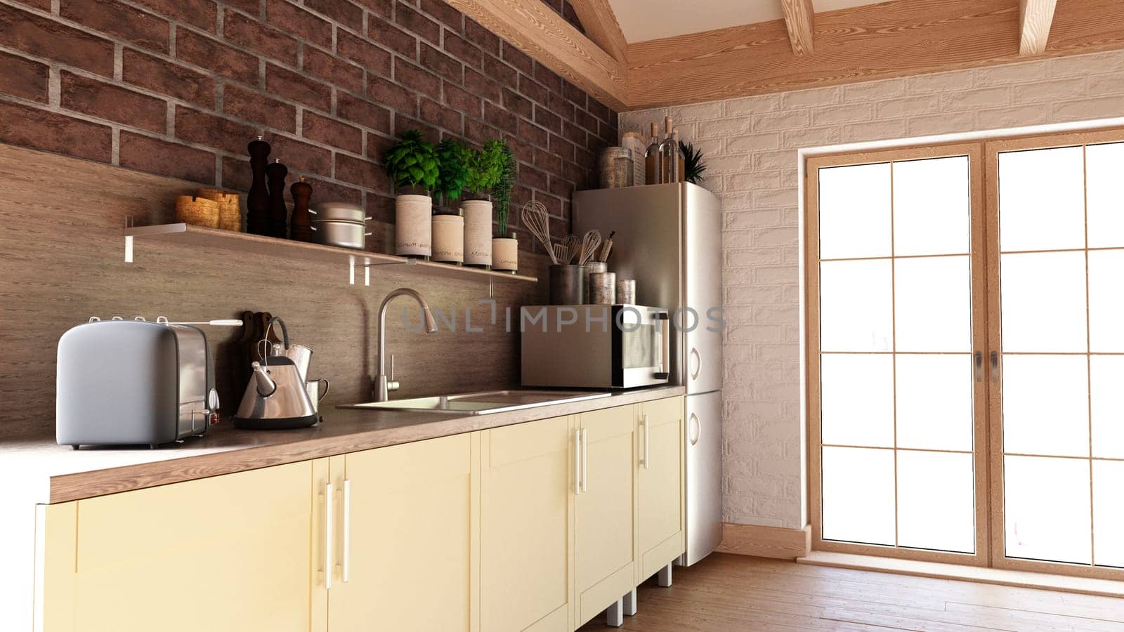 3D render of a contemporary kitchen interior