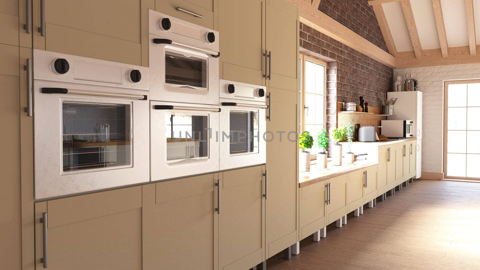 3D render of a contemporary kitchen interior