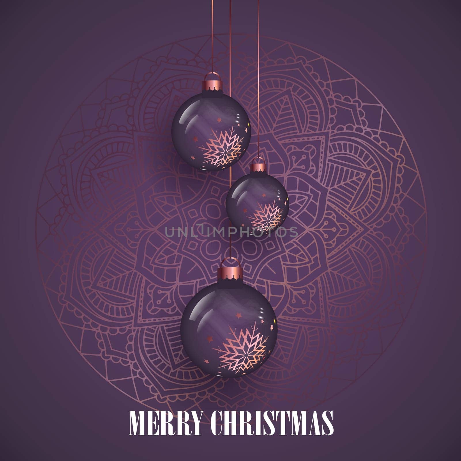 Hanging Christmas baubles on a decorative mandala design