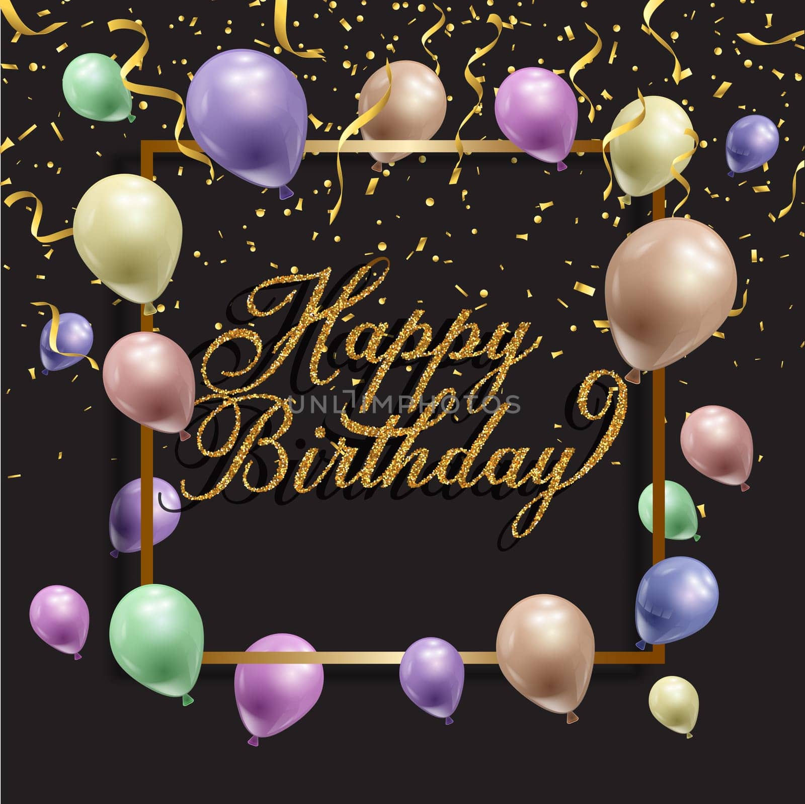 Birthday background with balloons, confetti and glittery writing