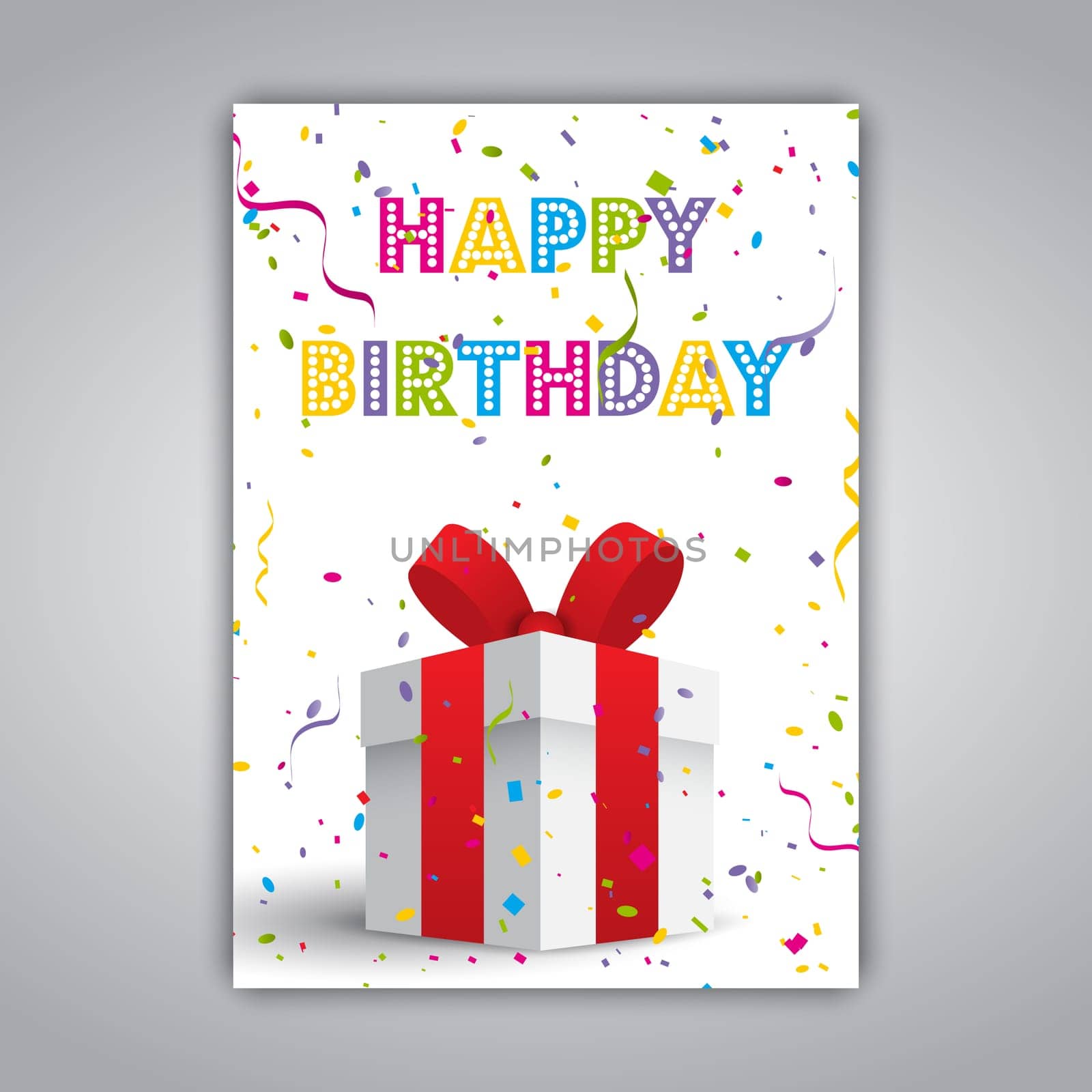 Birthday card with gift and colourful confetti