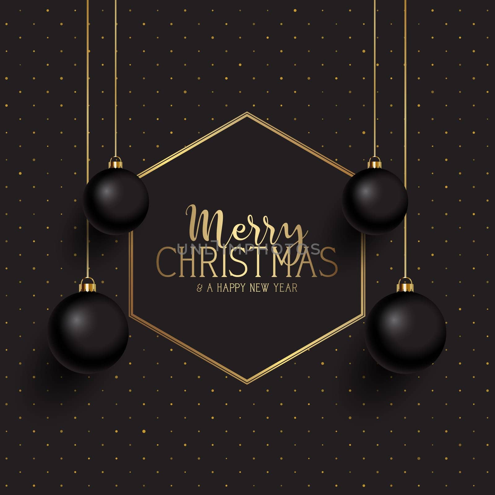 Black and gold elegant Christmas background with hanging baubles