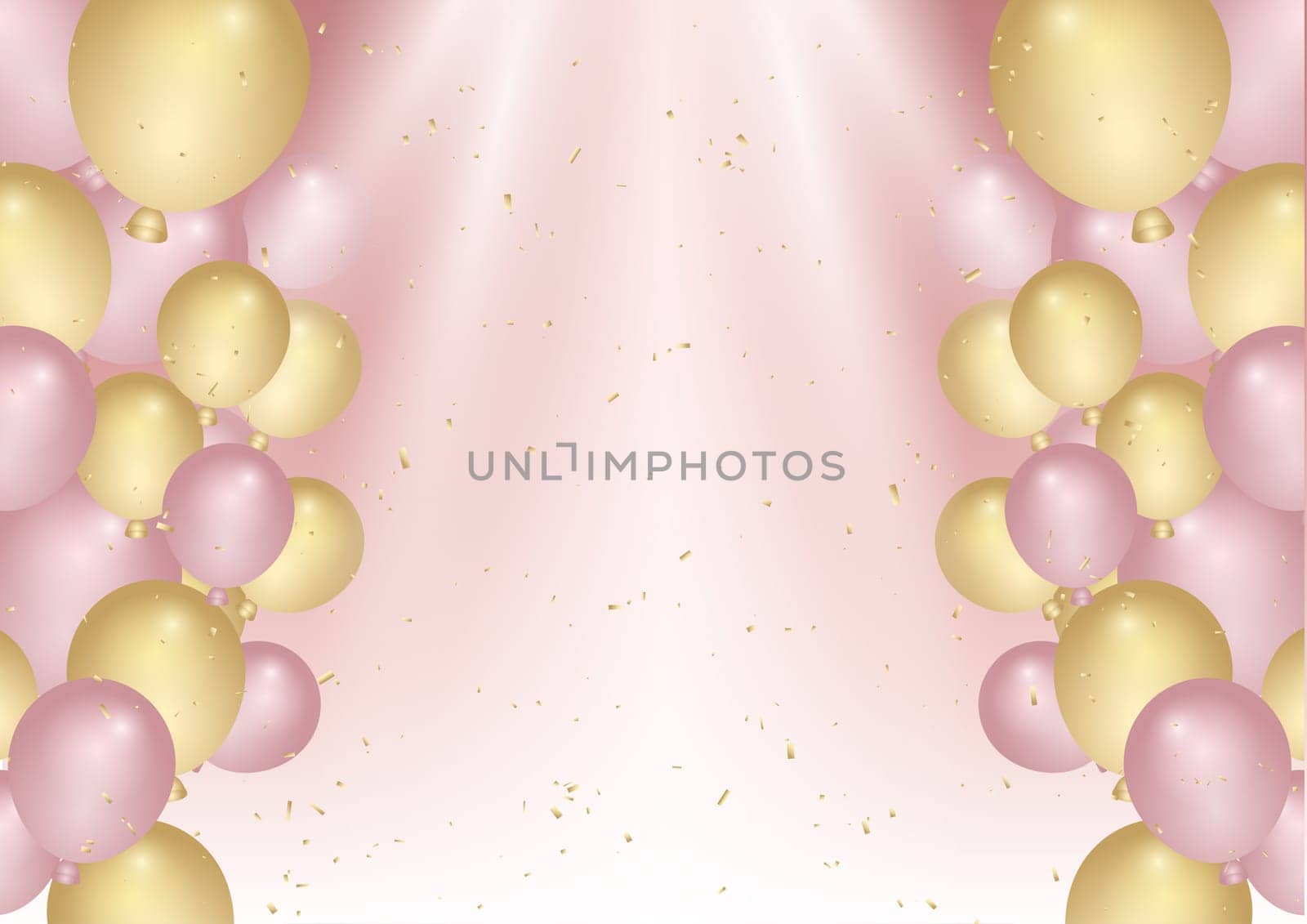 Birthday celebration background with confetti and pink and gold balloons