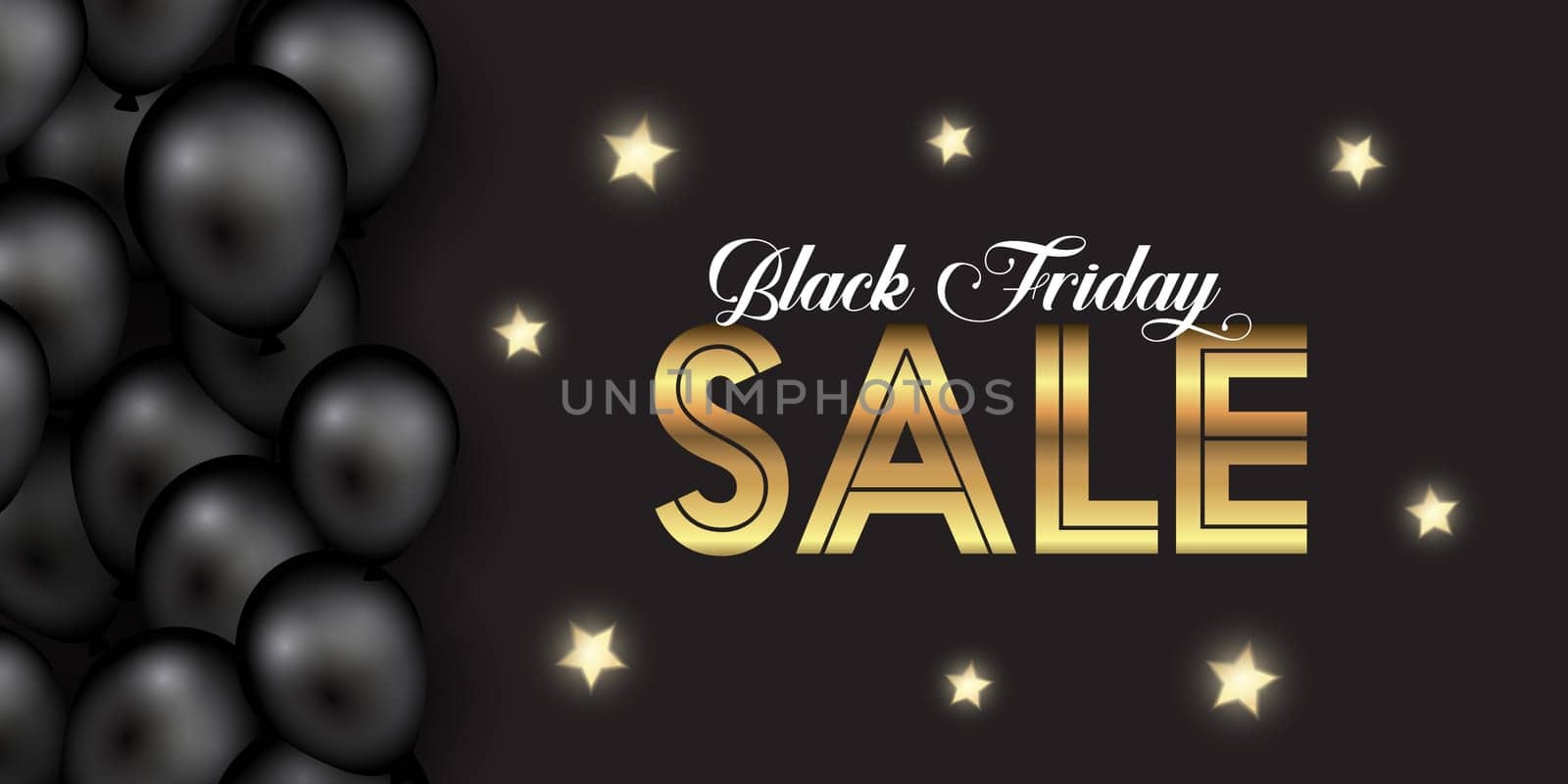 Elegant Black Friday banner with gold stars and balloons
