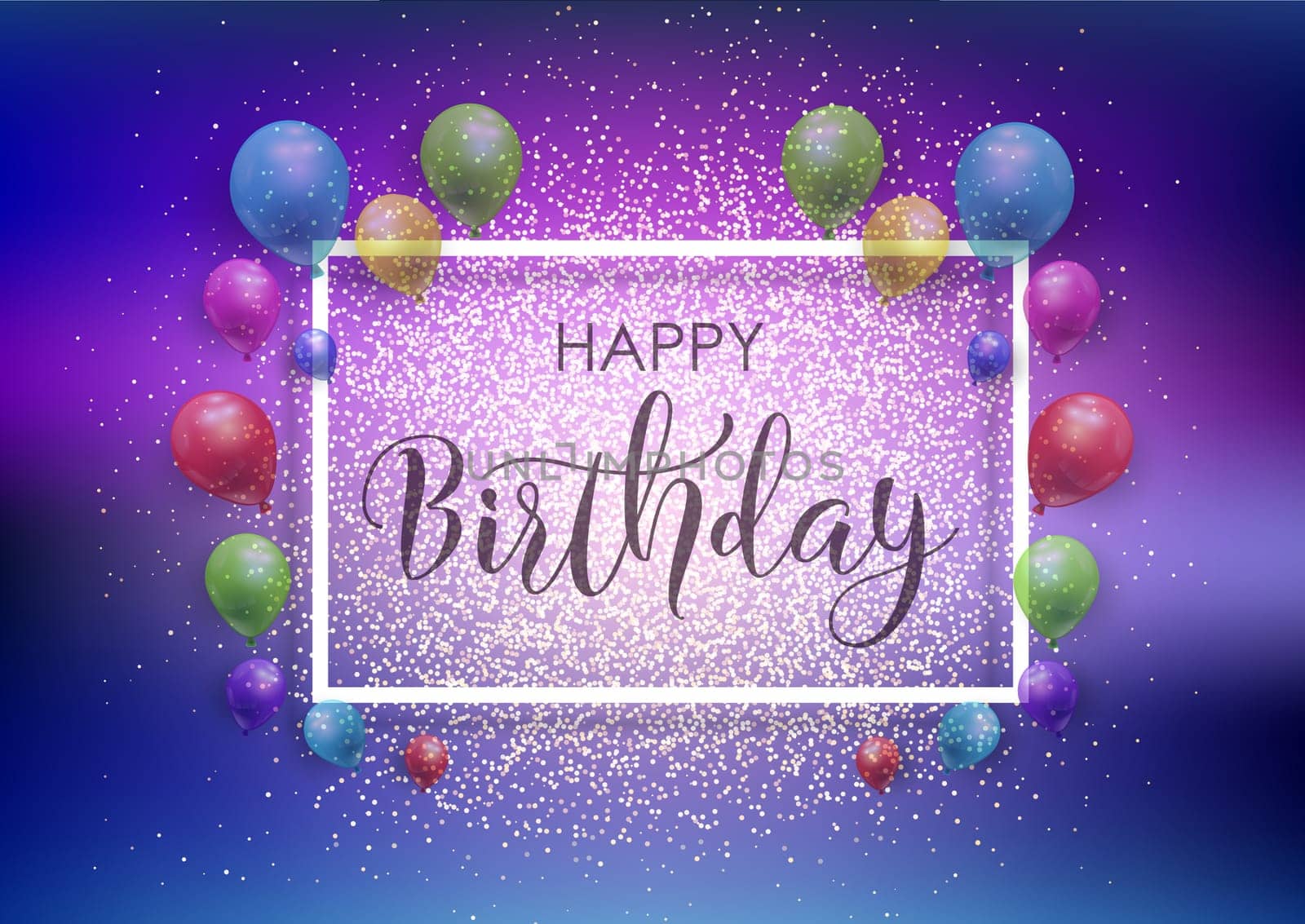 Happy Birthday background with balloons, frame and glitter