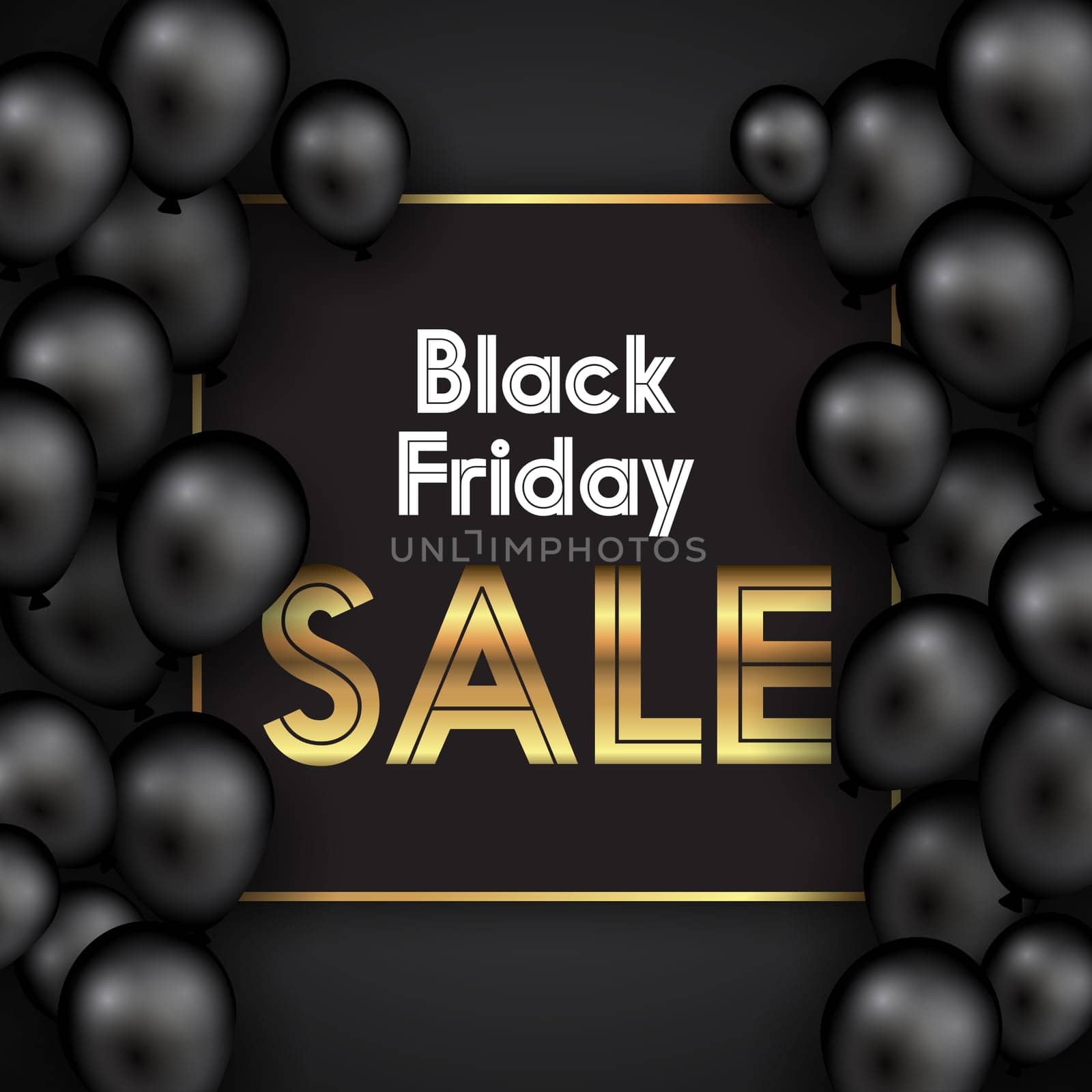 Black Friday background with balloons and gold text design