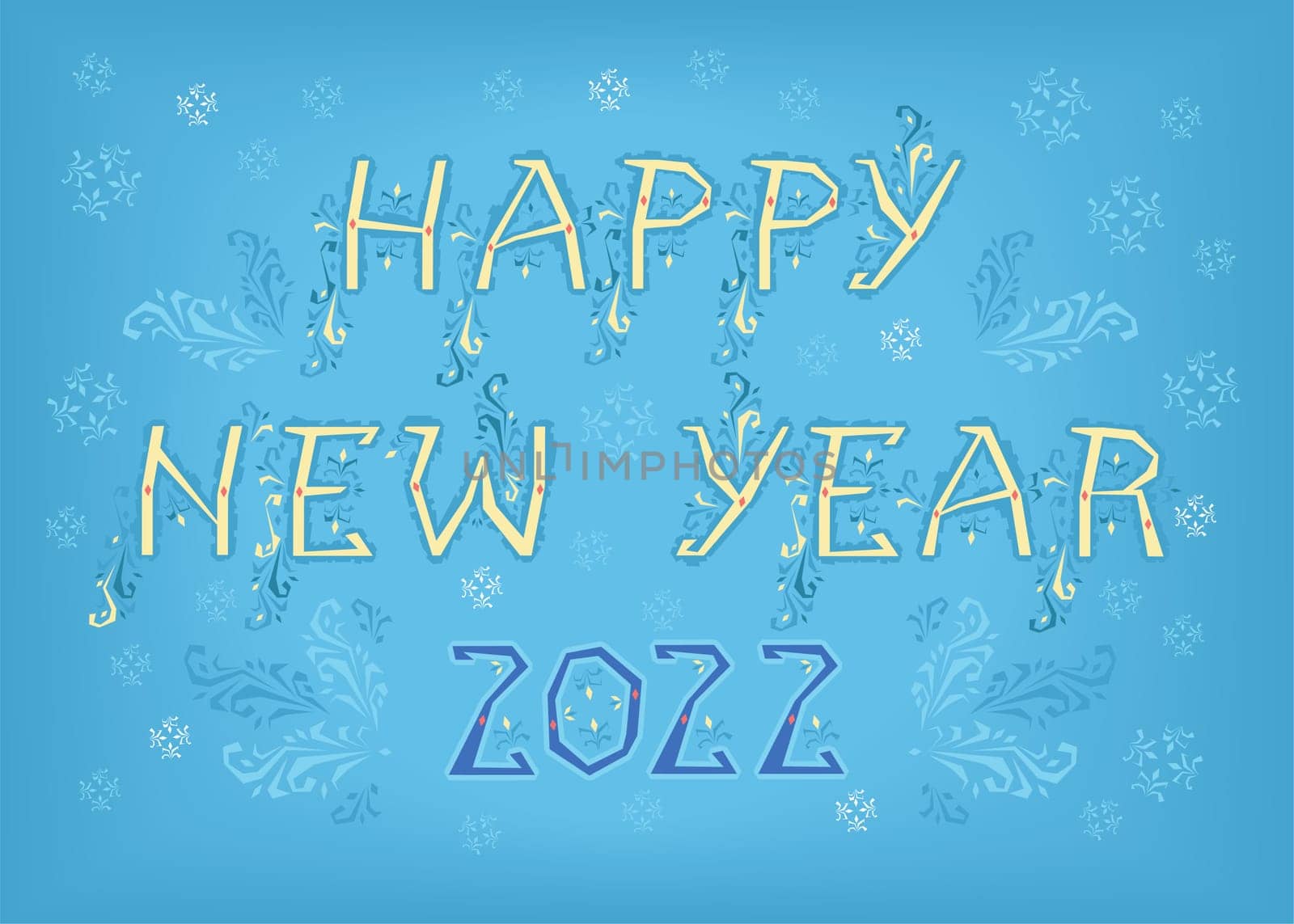 Happy New Year 2022. Artistic font with folk botanical decor. Folk Greeting Card. Illustration