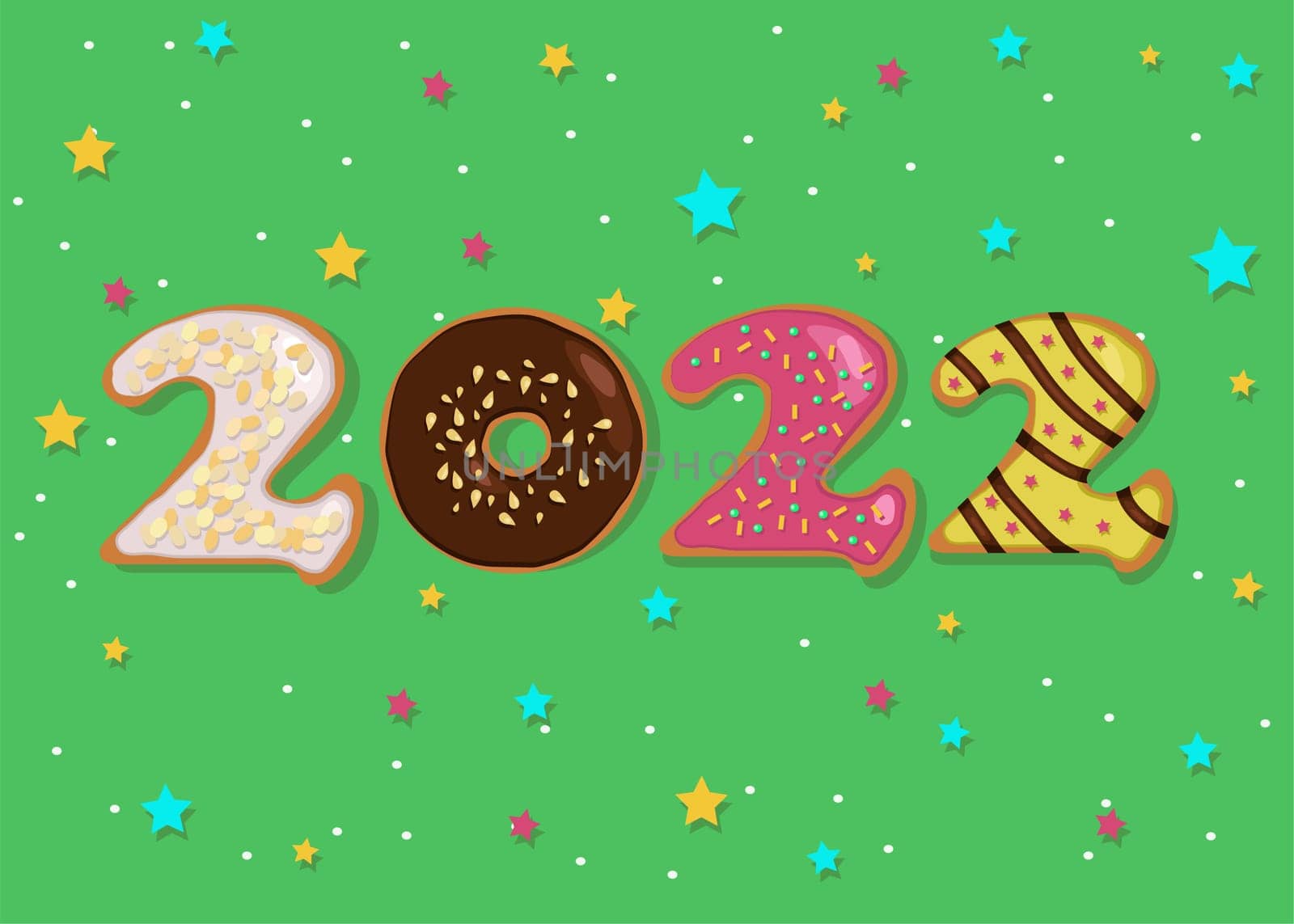 Happy New Year 2022. Artistic colorful number as sweet donuts with cream decor. Green background with colorful stars and snowfall. Illustration