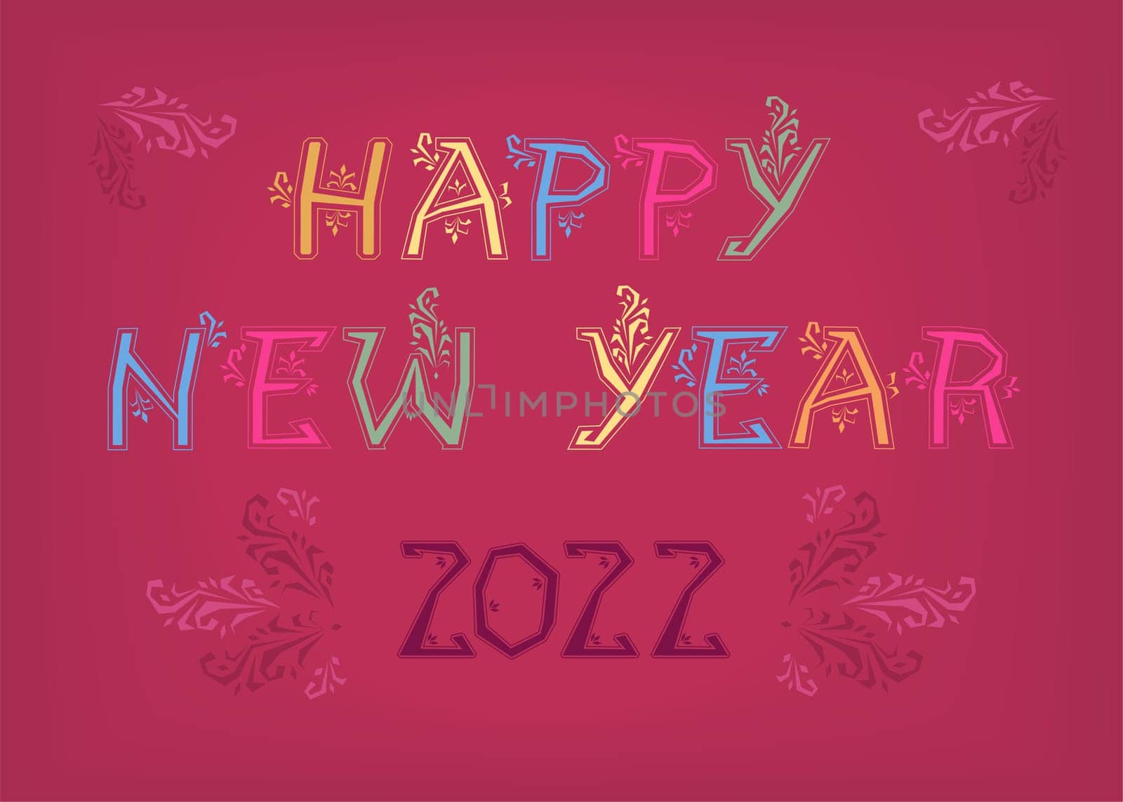 Happy New Year 2022. Artistic font with folk botanical decor. Folk Greeting Card. Illustration