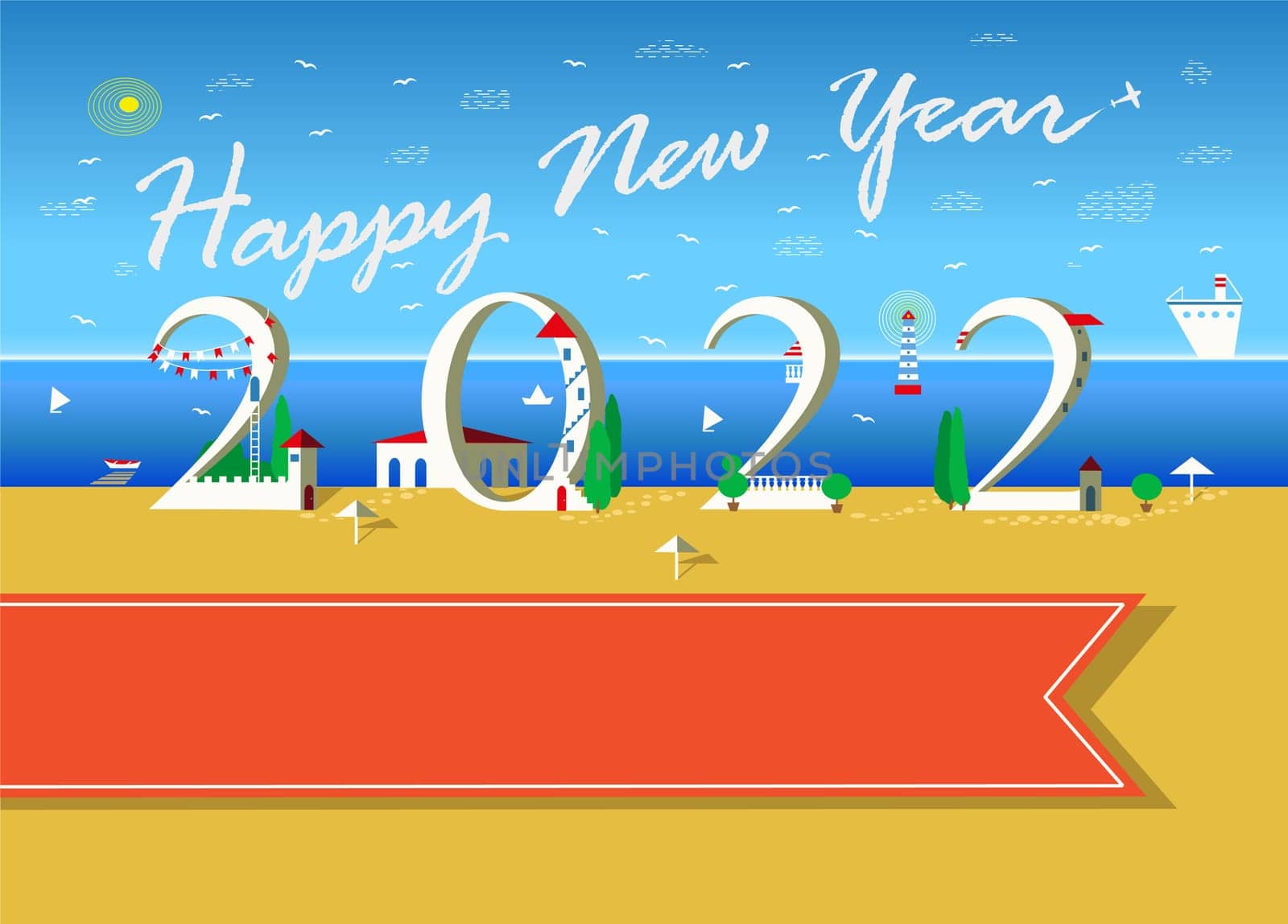 White text Happy New Year with plane in the sky. Number 2022 is as a white hauses with red doors, roofs and green trees. Summer beach and Sea background. Orange banner for custom text. Illustration