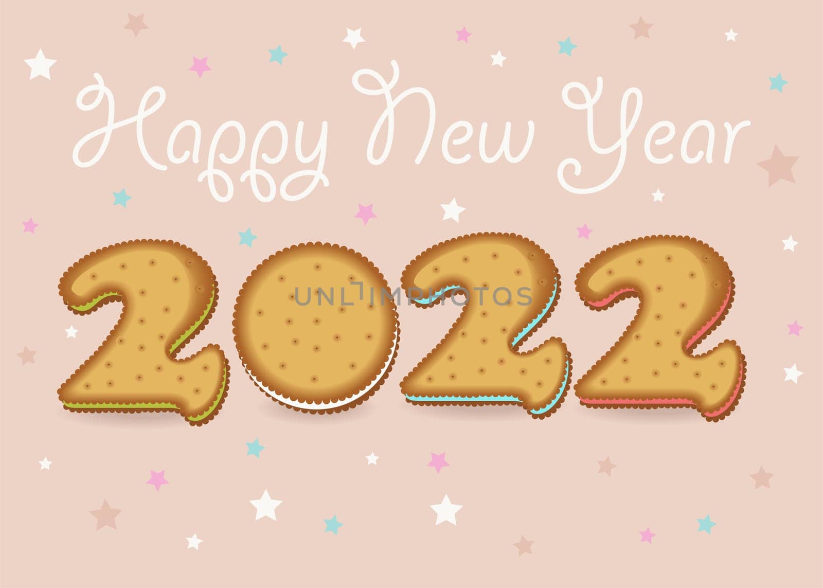 Happy New Year 2022. Artistic yellow number as cookies with colorful cream. Pink background with stars. White cream text. Illustration