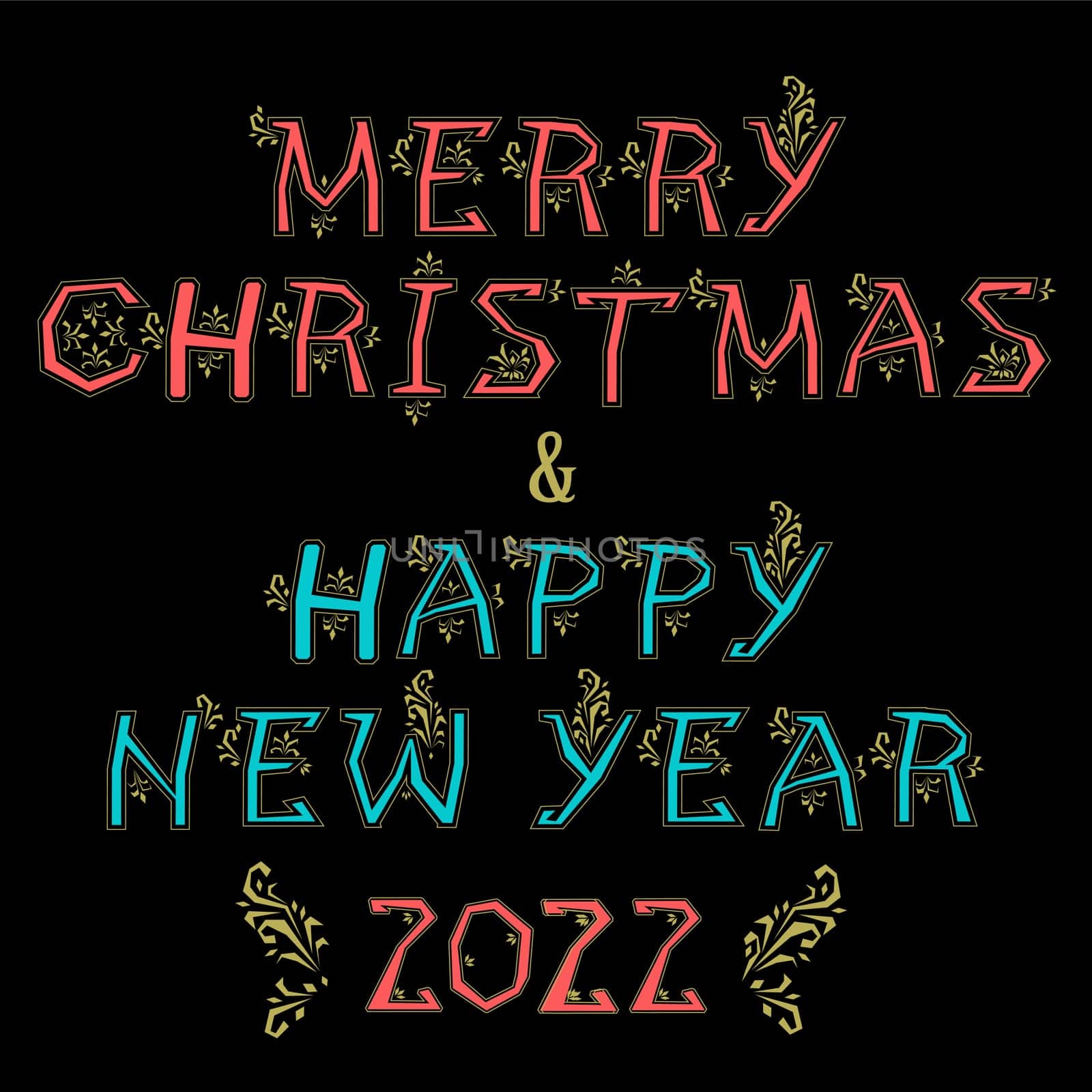 Merry Christmas and Happy New Year 2022. Artistic blue and red letters an number with yellow folk botanical decor. Black background. Illustration