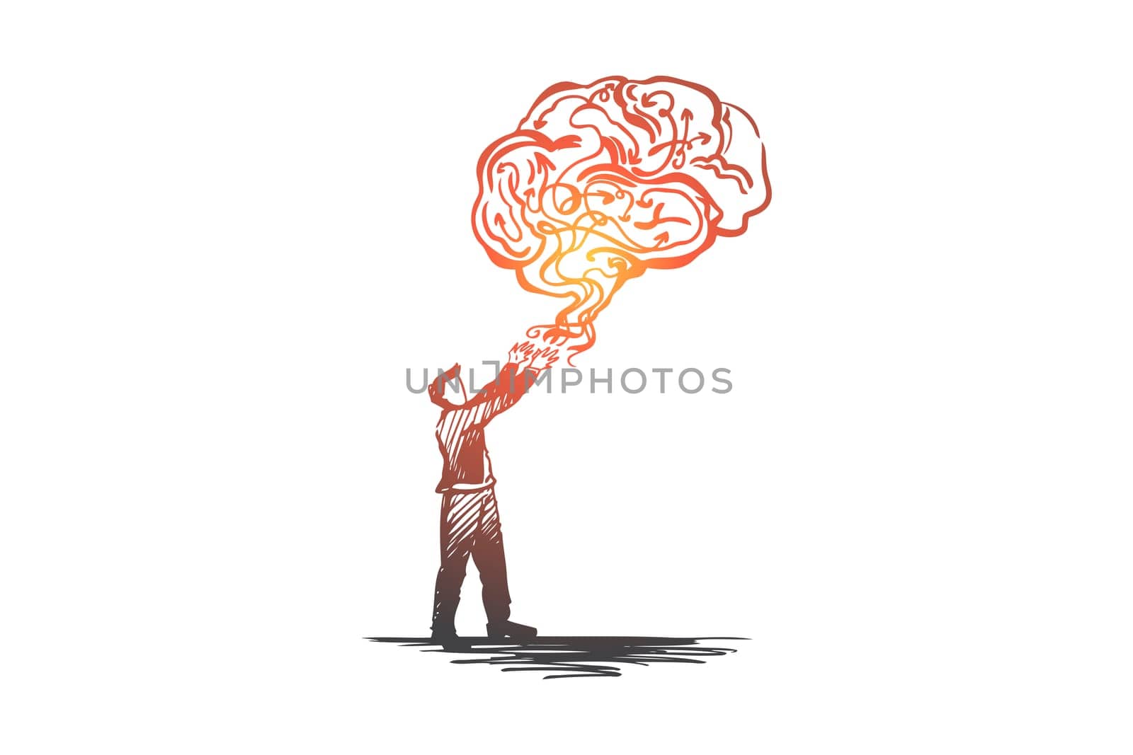 Business idea, creative, brainstorming, solution, creativity concept. Hand drawn man and cloud in shape of brain concept sketch. Isolated vector illustration.