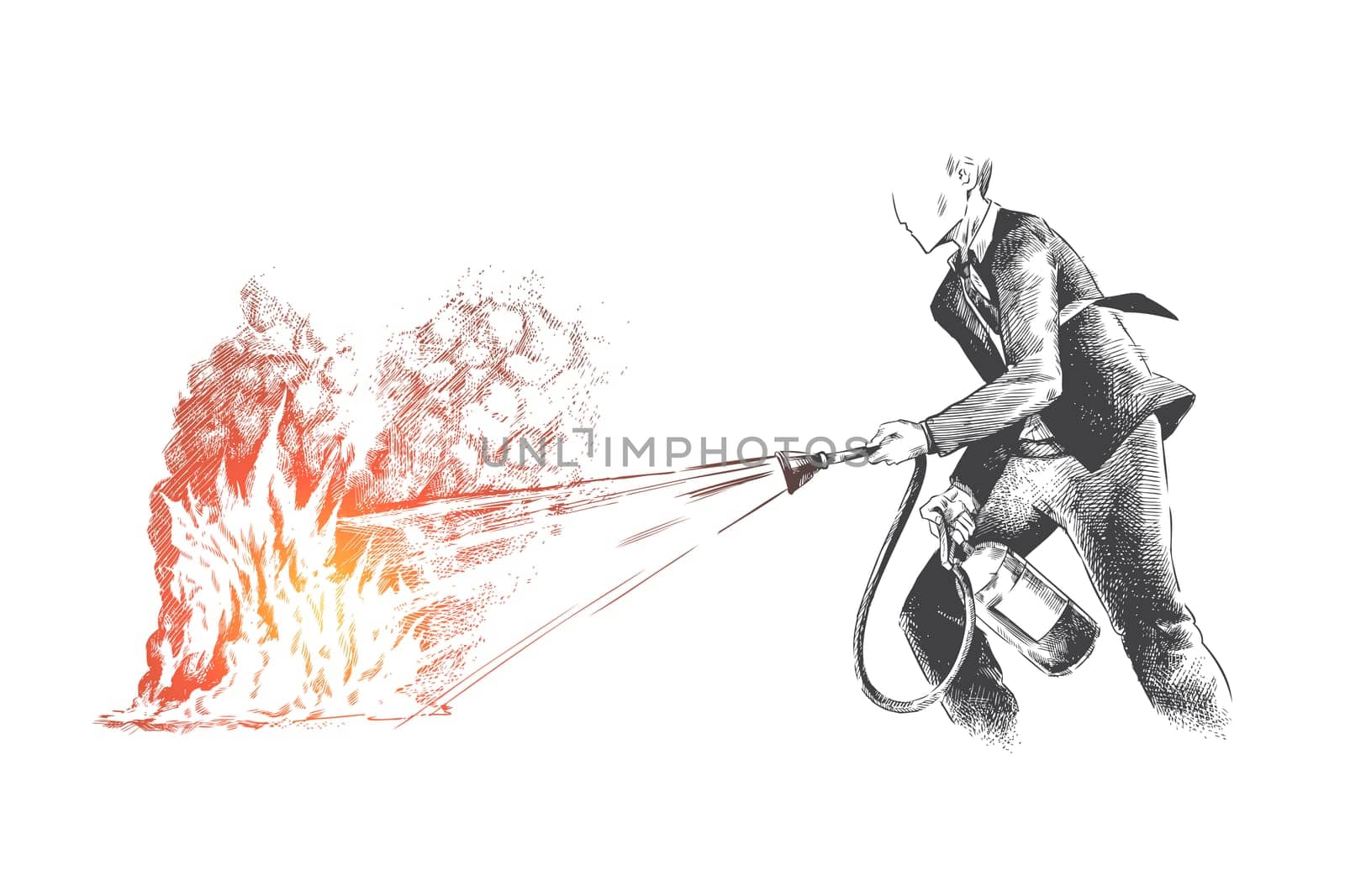 Help, audit, risk, auditor, control concept. Hand drawn plant businessman extinguish a fire concept sketch. Isolated vector illustration.
