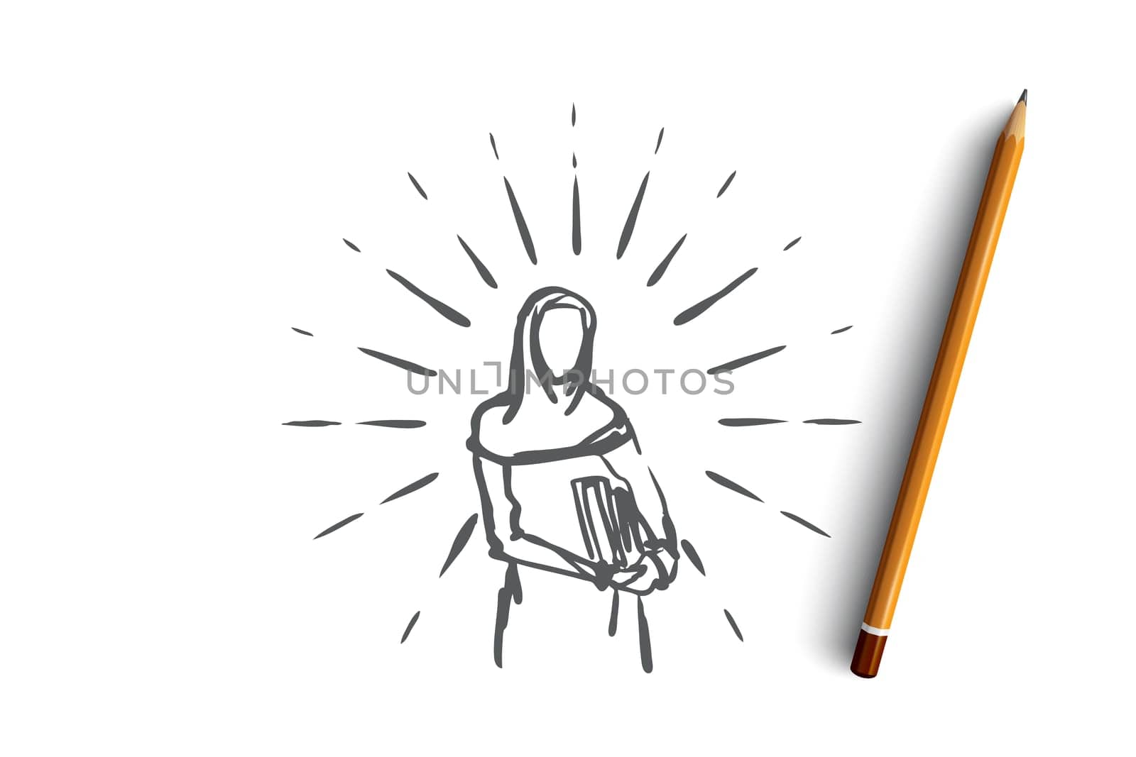 Education, student, muslim, arabic, islam, library concept. Hand drawn silhouette of female muslim student with books in hands concept sketch. Isolated vector illustration.
