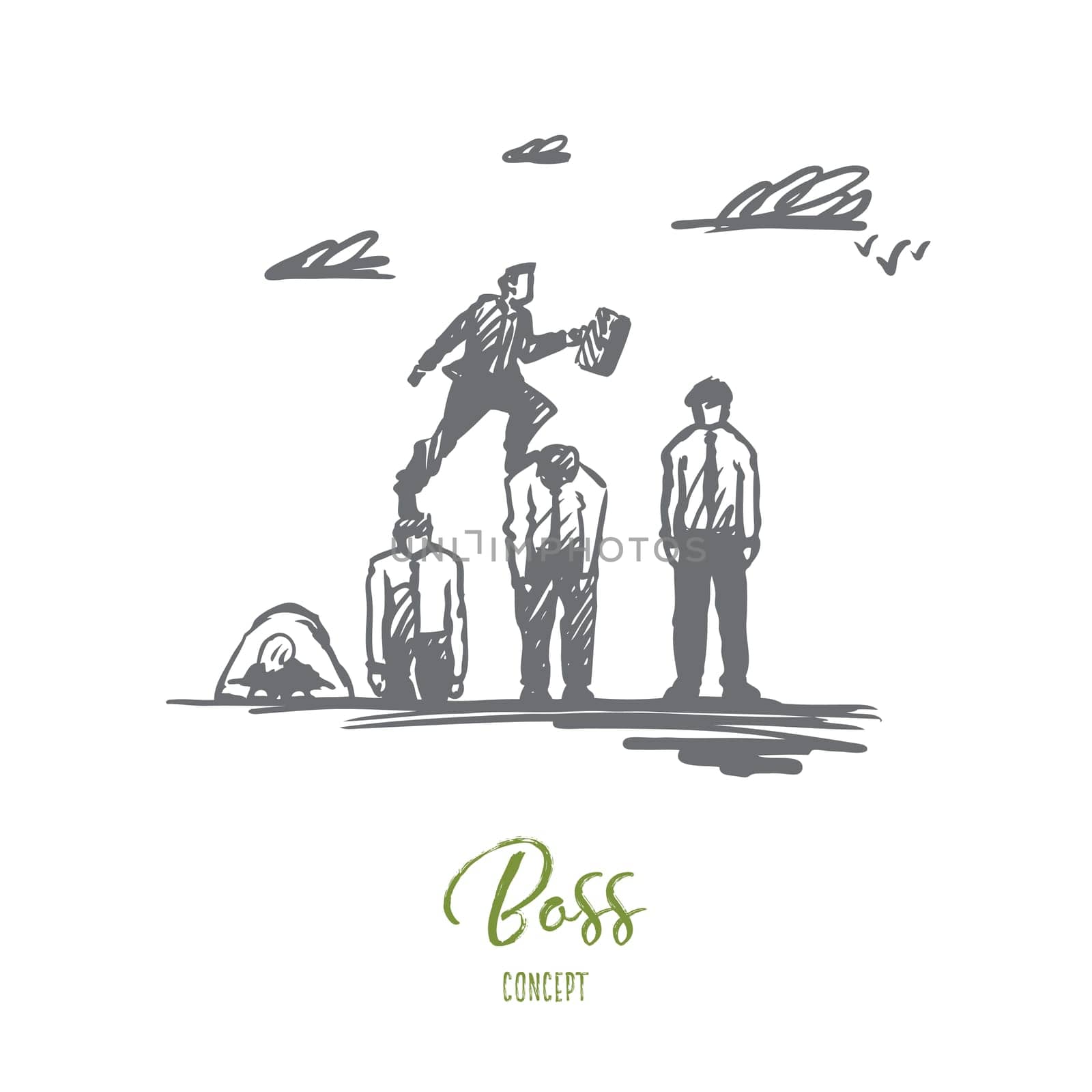 Boss, businessman, career, advantage concept. Hand drawn leader successfully jumping over all obstacles concept sketch. Isolated vector illustration.