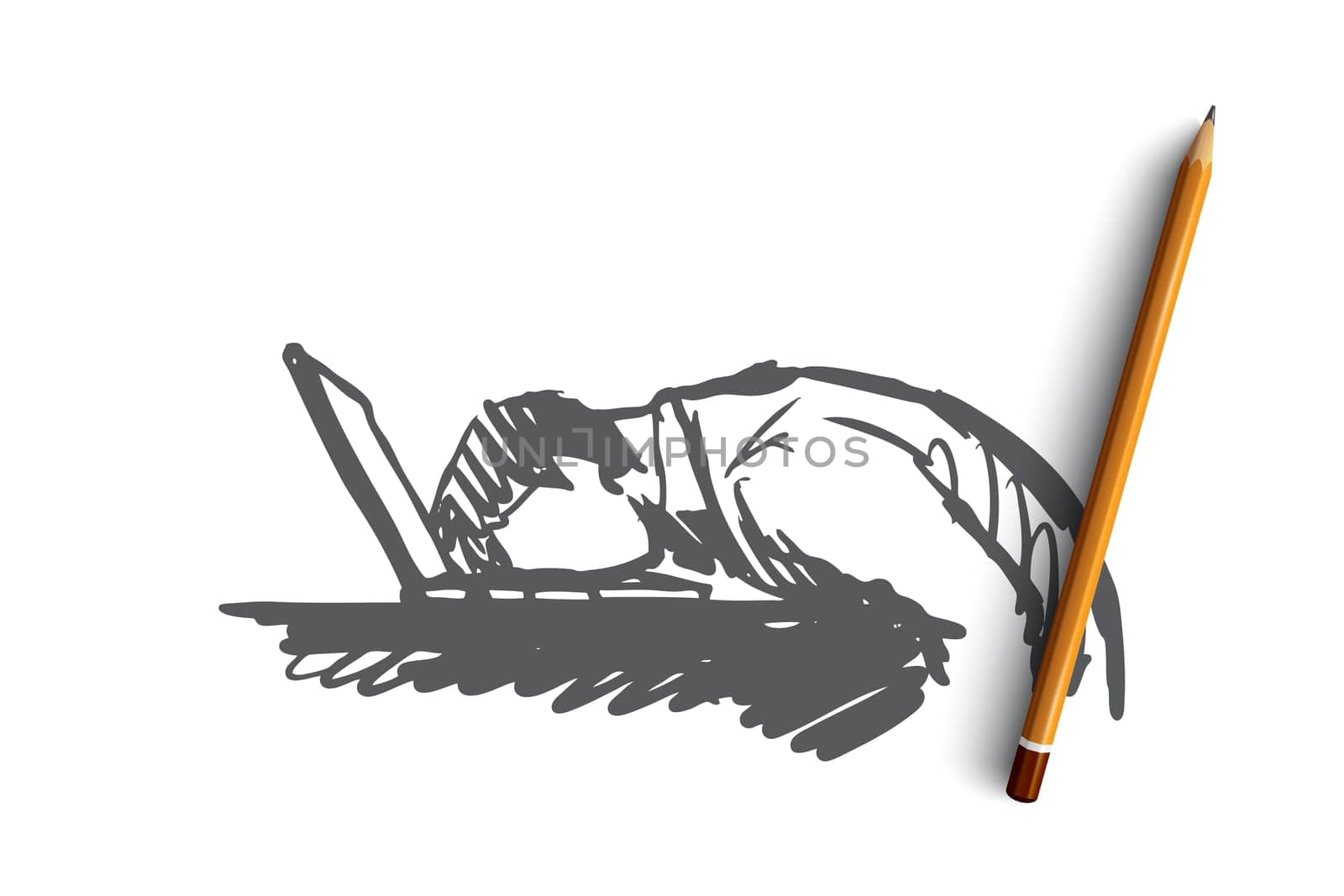 Businessman, stress, tiredness, programmer, overwork concept. Hand drawn businessman sleeping at workplace concept sketch. Isolated vector illustration.