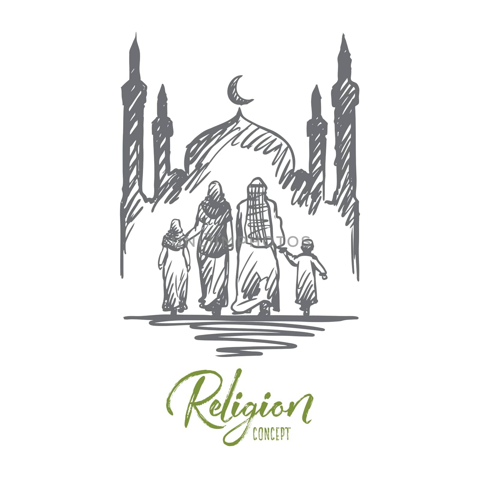 Religion, family, muslim, arabic, islam, mosque concept. Hand drawn traditional muslim family with kids concept sketch. Isolated vector illustration.
