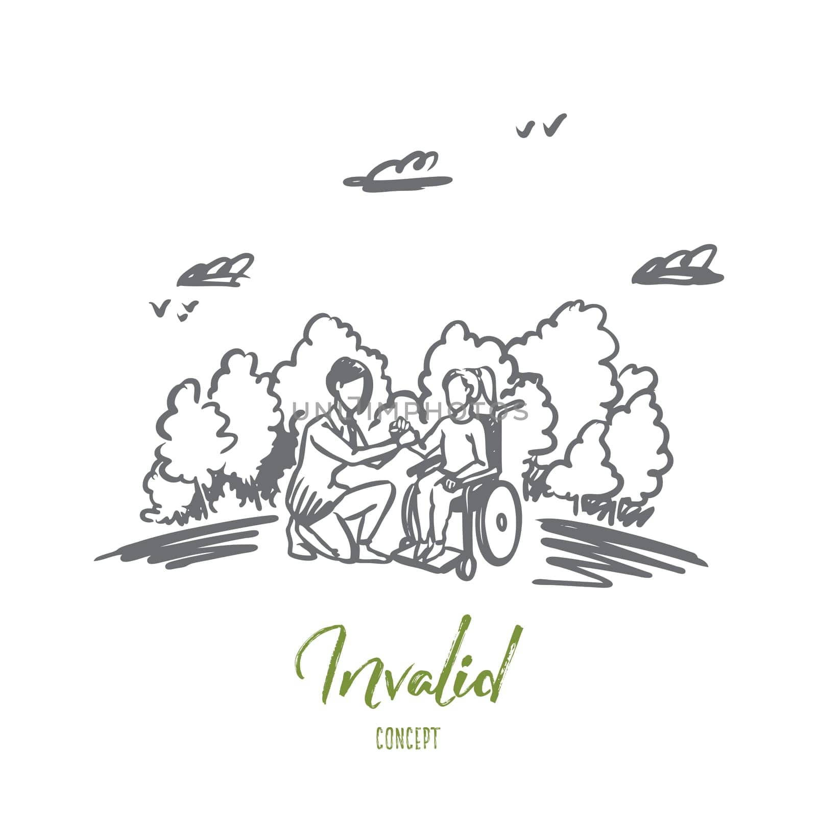 Invalid, disabled, help, medicine, hospital concept. Hand drawn woman on wheelchair with social worker concept sketch. Isolated vector illustration.