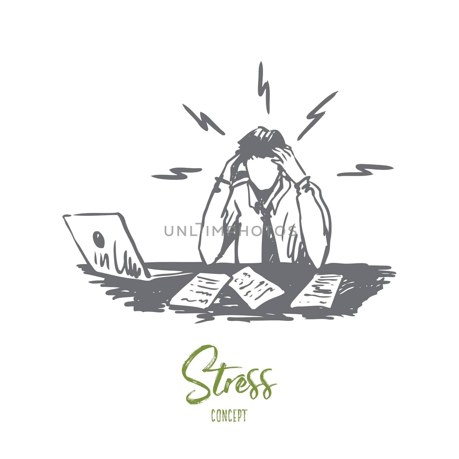 Businessman, work, stress, financial report concept. Hand drawn upset man at work place with laptop concept sketch. Isolated vector illustration.