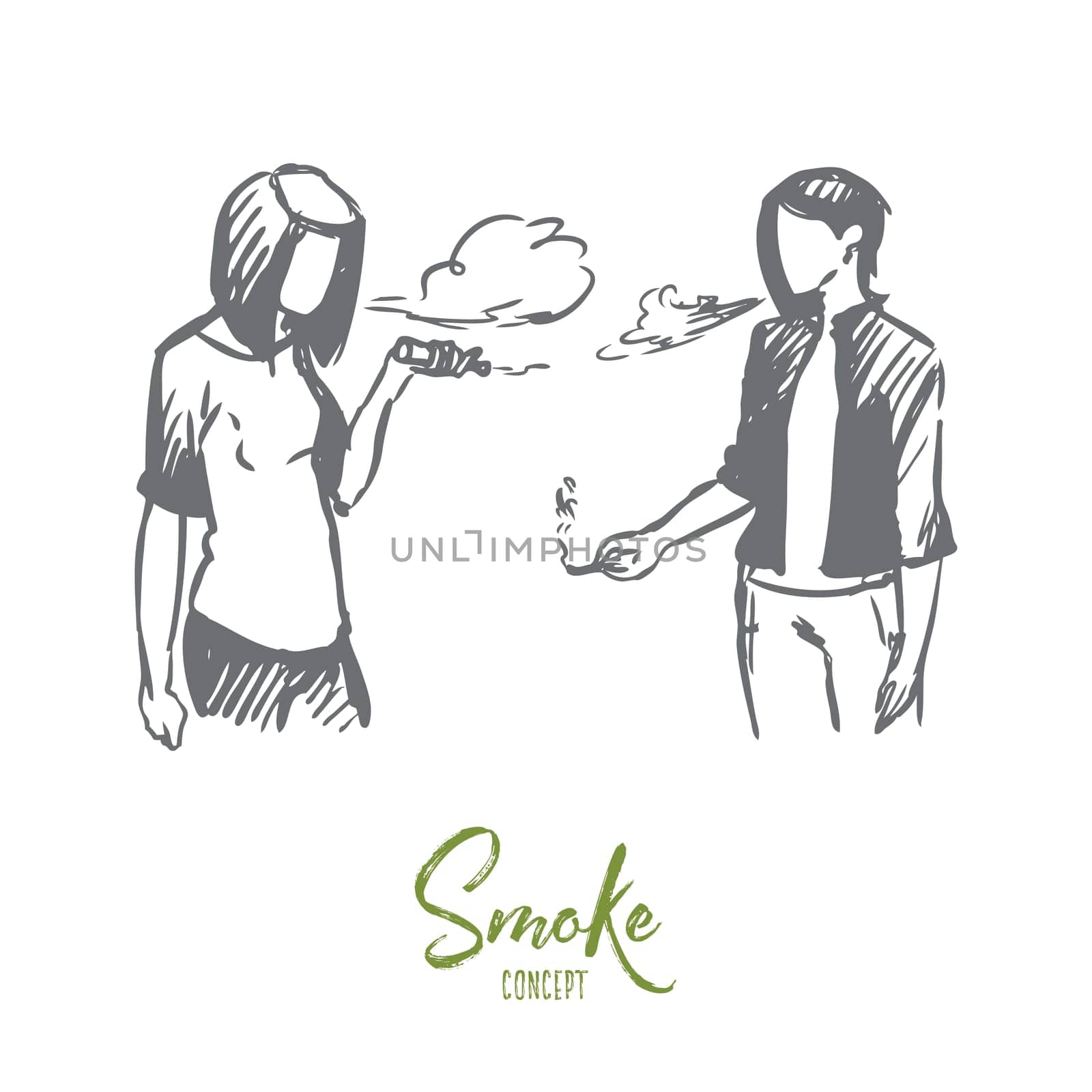 Vape, e-cigarette, girl, smoke concept. Hand drawn teenage girls vaping e-cigarettes image concept sketch. Isolated vector illustration.