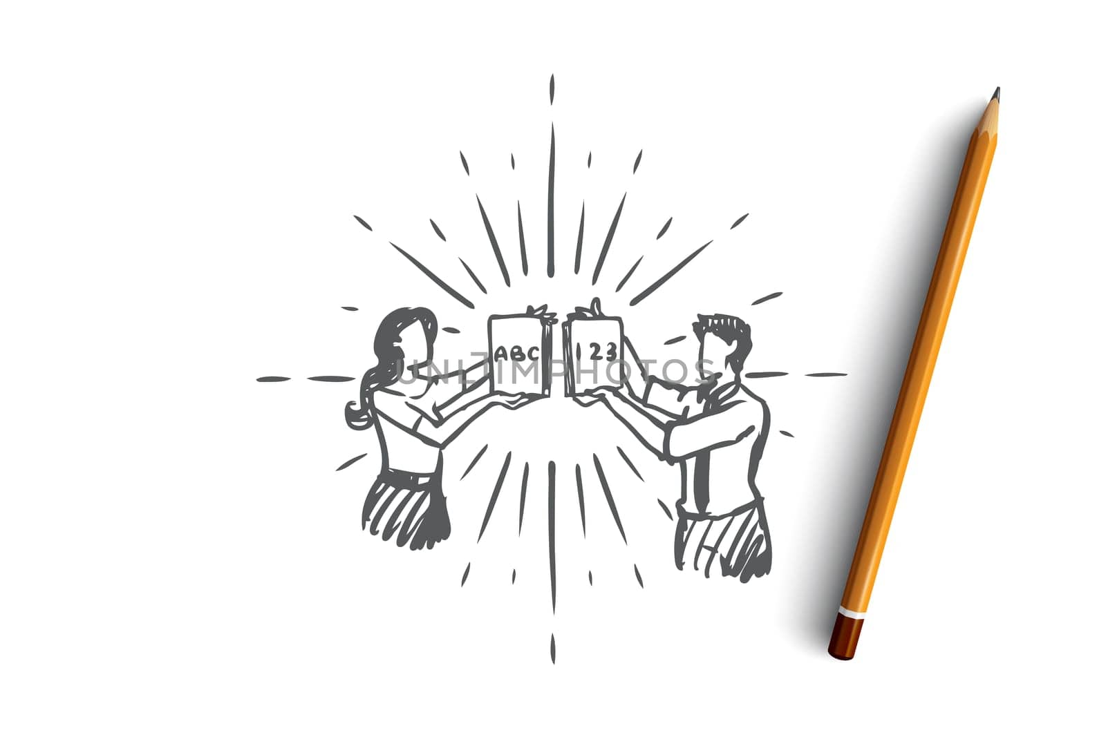 Teacher, education, school, knowledge, lesson concept. Hand drawn male and female school teachers concept sketch. Isolated vector illustration.