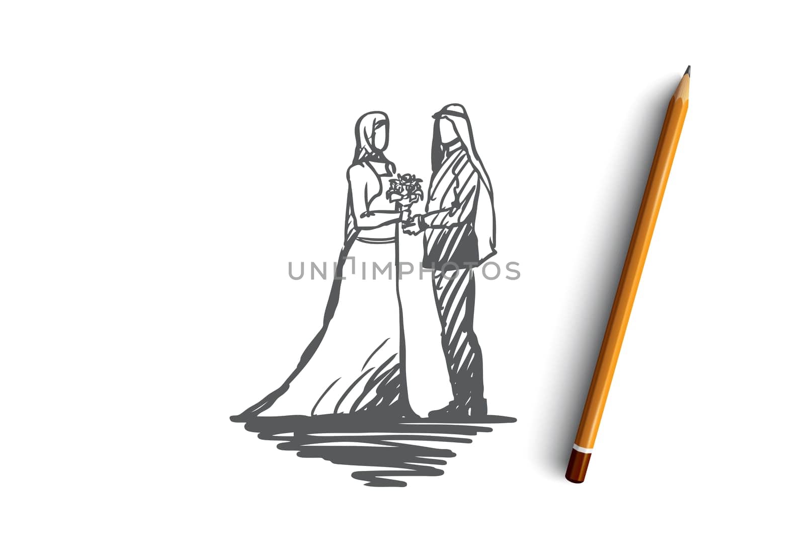 Wedding, groom, bride, couple, muslim concept. Hand drawn muslim wedding, groom and bride concept sketch. Isolated vector illustration