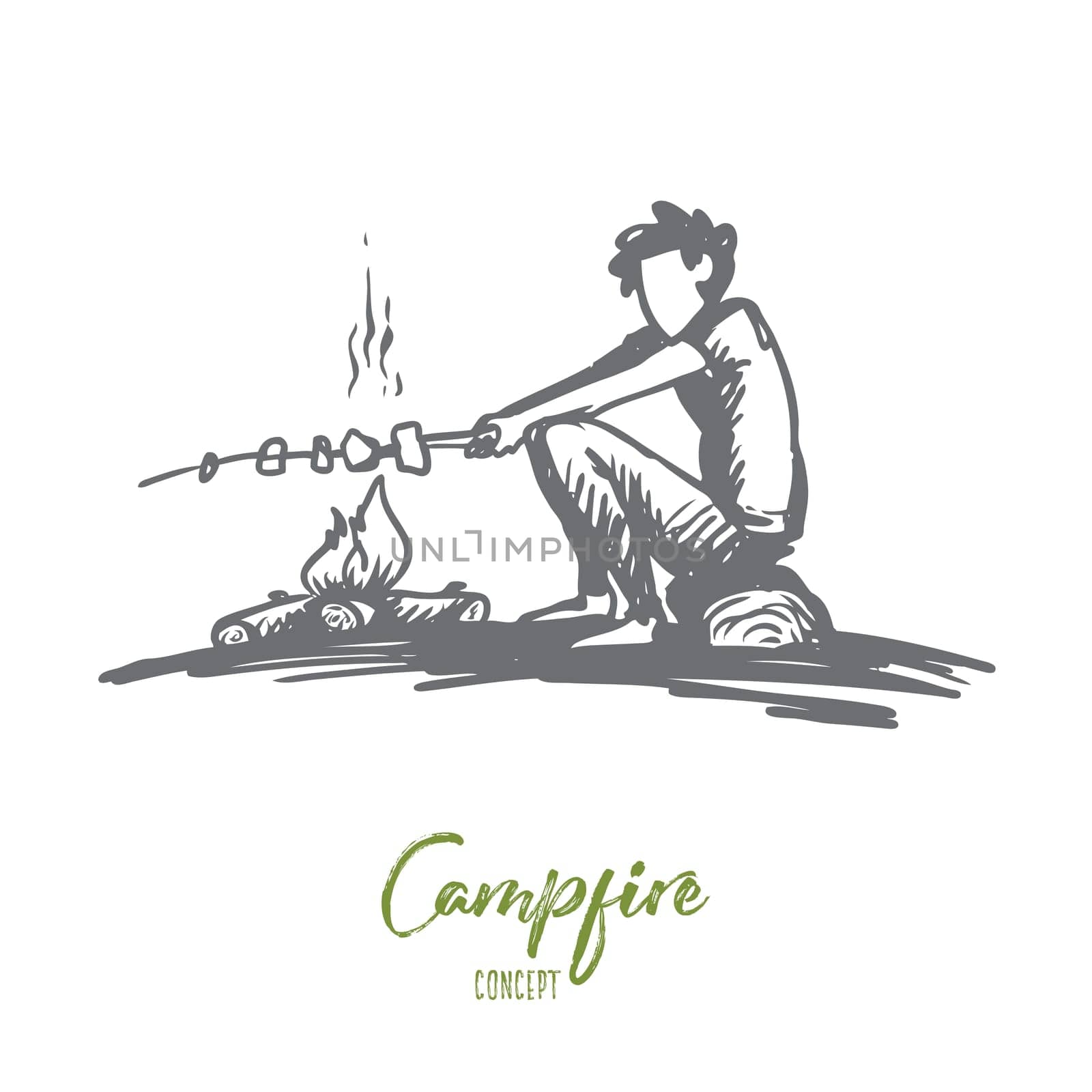 Boy, campfire, summer, rest, scout concept. Hand drawn boy sits near bonfire and roasts marshmallows concept sketch. Isolated vector illustration.