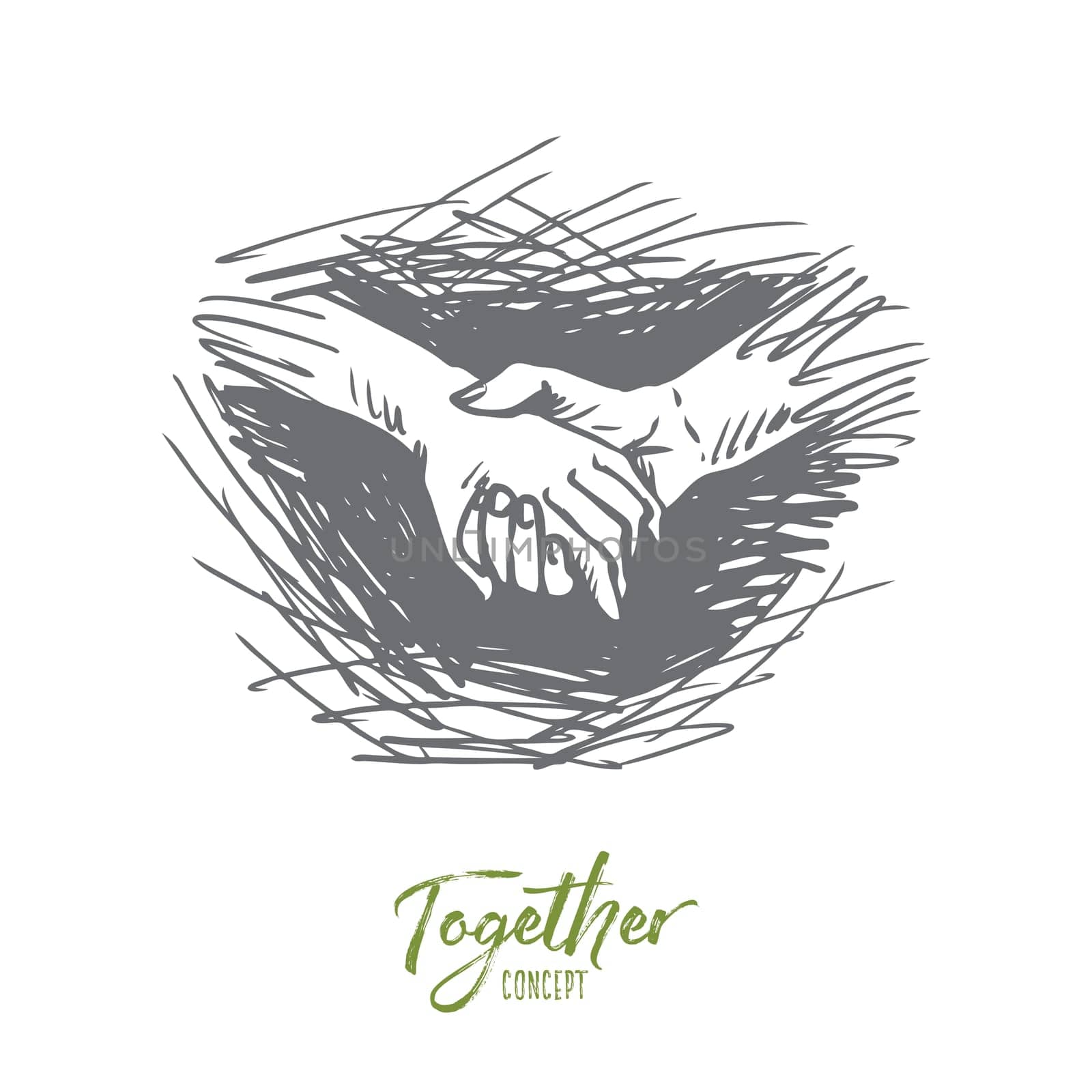 Hands, holding, together, friendship, partnership concept. Hand drawn one person holds hand of another concept sketch. Isolated vector illustration.