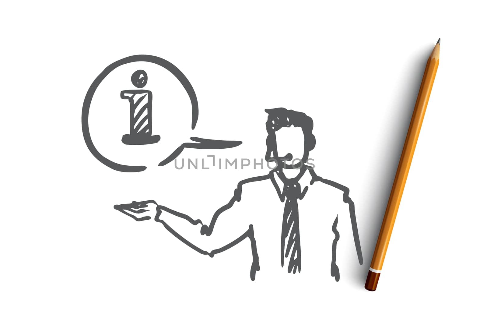 Information, help, support, contact, operator concept. Hand drawn call manager gives information to client clothes concept sketch. Isolated vector illustration.