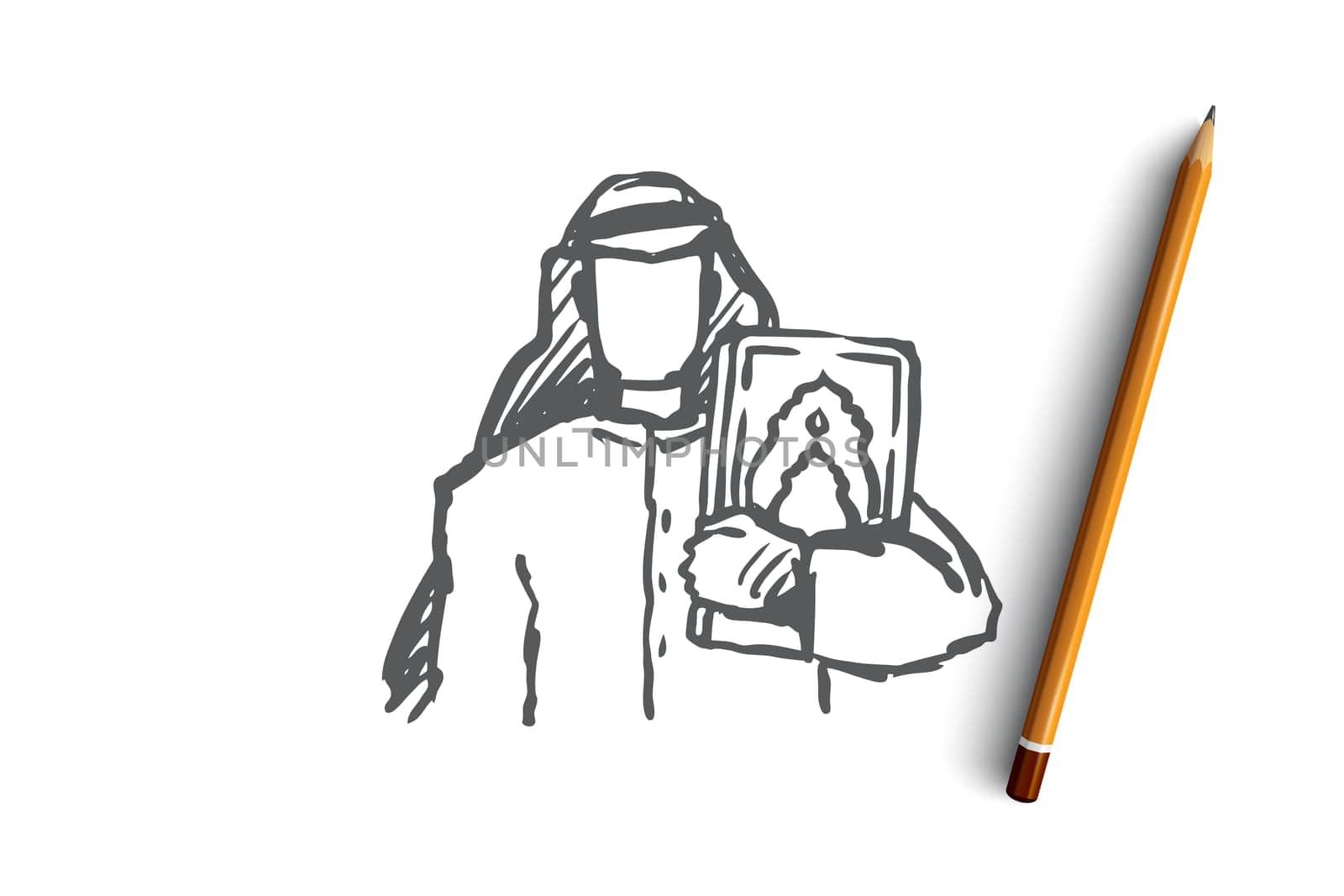 Man, Koran, religion, muslim, arabic, islam concept. Hand drawn young muslim man holds Koran concept sketch. Isolated vector illustration.