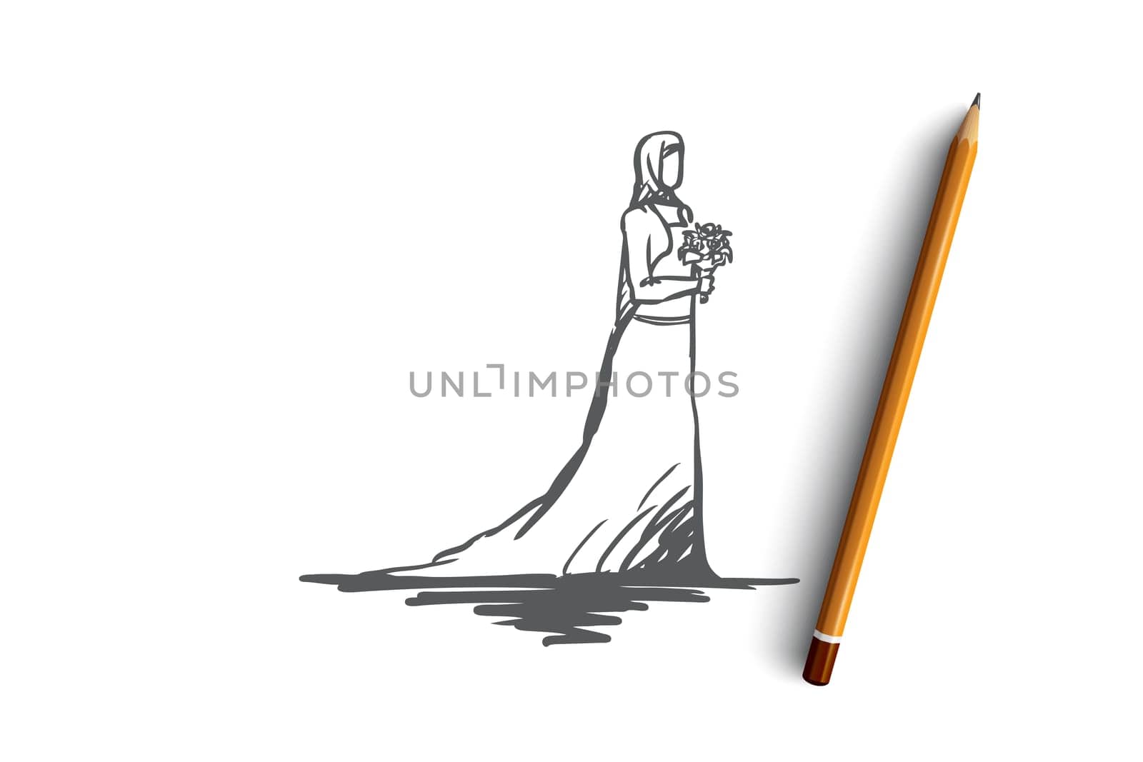 Wedding, bride, muslim, arabic, islam concept. Hand drawn young bride in muslim wedding dress concept sketch. Isolated vector illustration.