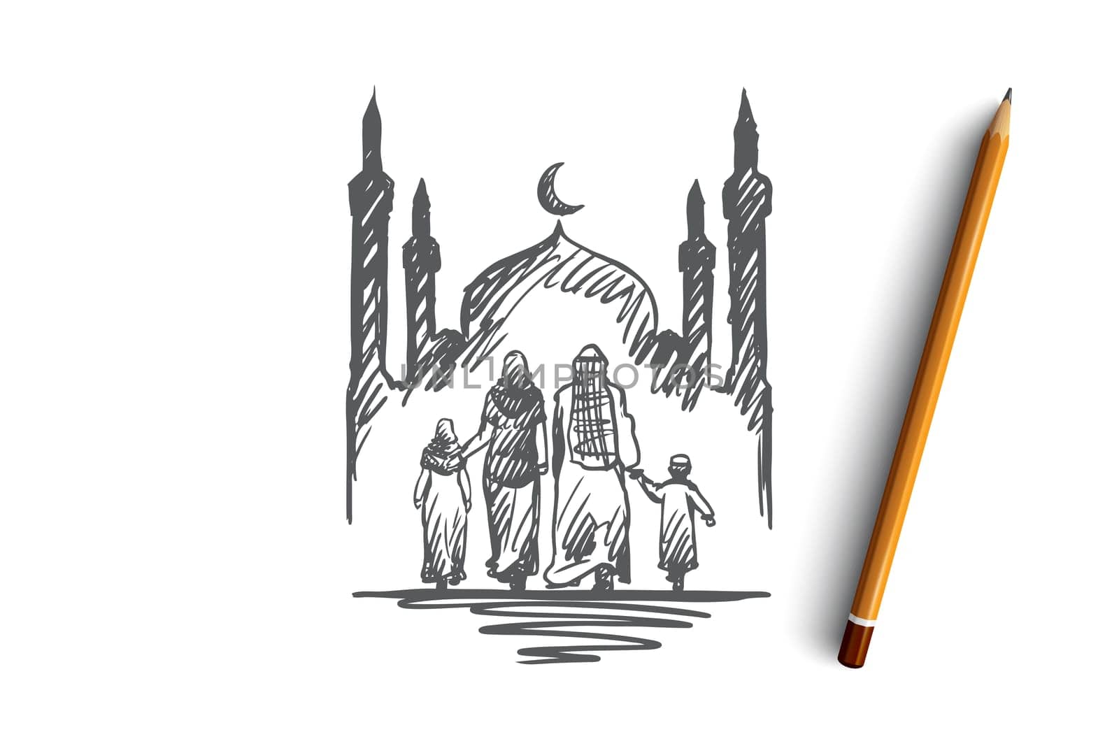 Religion, family, muslim, arabic, islam, mosque concept. Hand drawn traditional muslim family with kids concept sketch. Isolated vector illustration.
