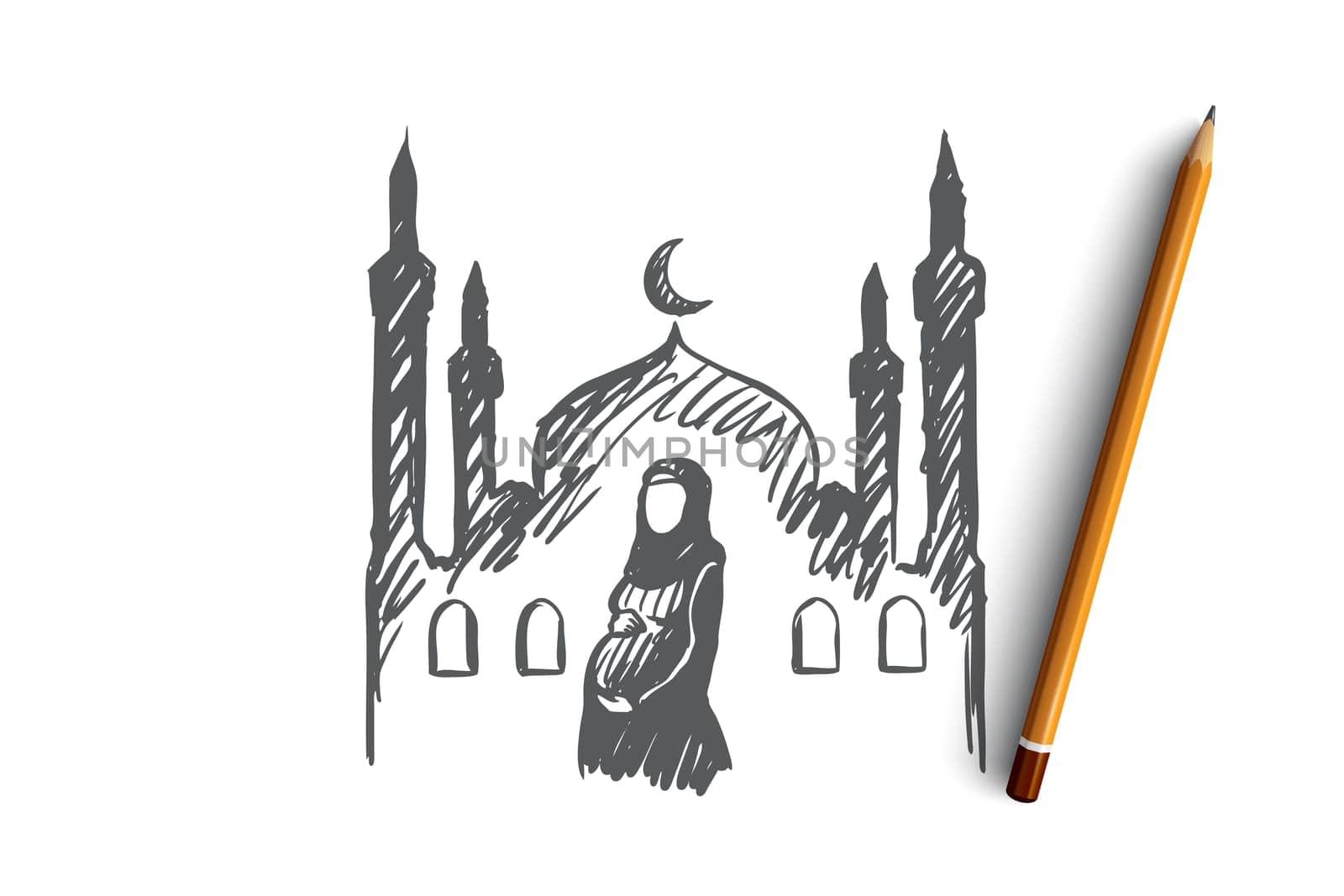 Religion, pregnancy, muslim, arabic, islam, mosque concept. Hand drawn pregnant muslim woman, mosque on background concept sketch. Isolated vector illustration