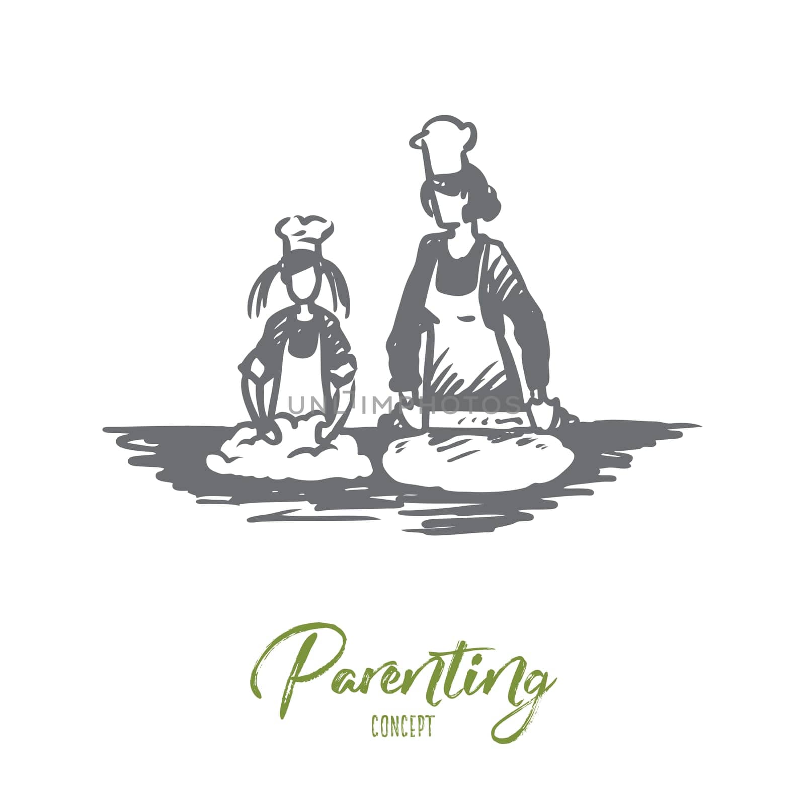 Mother, daughter, cooking, parenting concept. Hand drawn mom and daughter cooking together, Mother s day concept sketch. Isolated vector illustration.