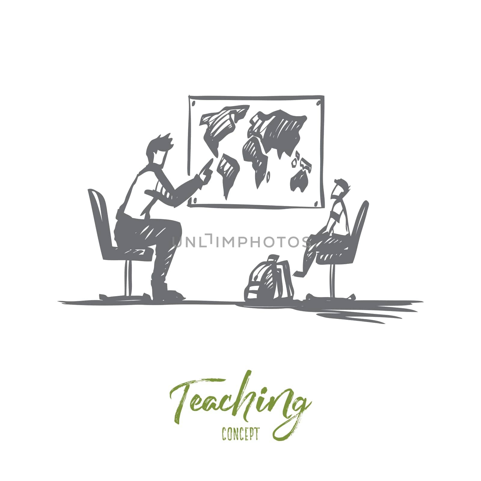 Father, son, family, parenting, teaching concept. Hand drawn father teaches his son geography concept sketch. Isolated vector illustration.